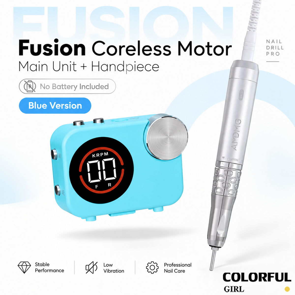 AMDMG Fusion Series เครื่องเจียรเล็บ เครื่องกรอเล็บมืออาชีพ 35000RPM ระบบโมดูลแม่เหล็ก หน้าจอดิจิทัล บันทึกความเร็ว 2 โหมด หมุน F/R เสียงเบา สั่นต่ำ เลือกมอเตอร์ Brushed/Coreless และแบตเตอรี่ Pro/Pro Max