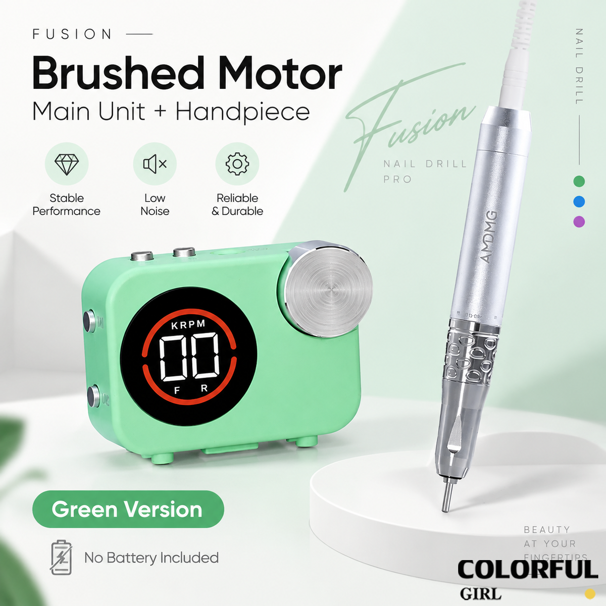 AMDMG Fusion Series เครื่องเจียรเล็บ เครื่องกรอเล็บมืออาชีพ 35000RPM ระบบโมดูลแม่เหล็ก หน้าจอดิจิทัล บันทึกความเร็ว 2 โหมด หมุน F/R เสียงเบา สั่นต่ำ เลือกมอเตอร์ Brushed/Coreless และแบตเตอรี่ Pro/Pro Max