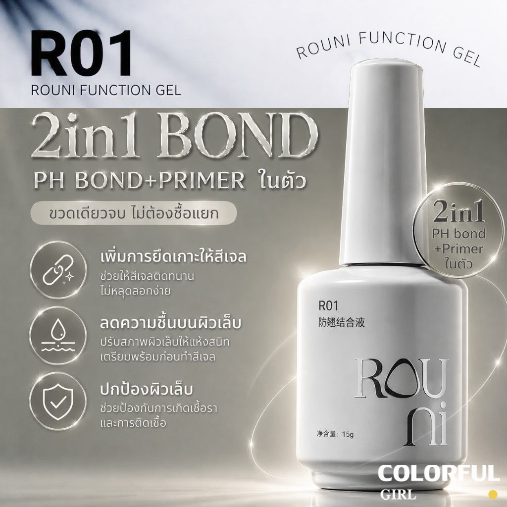Rouni Function Gel Series 15ml เจลทำเล็บ เบสเจล ท็อปโค้ท Builder Gel ต่อเล็บ หลายรุ่น R21 Black Diamond Glossy Top Coat เงาเพชร กันรอย ติดทนนาน