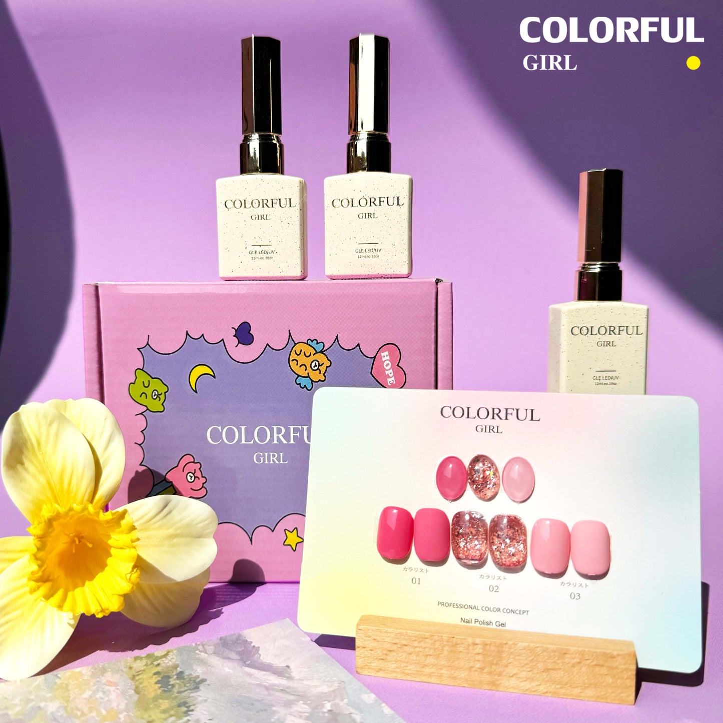 【พร้อมส่ง】Colorful Girl3สี สีเจลกลิซเตอร์+สีเจลสีพื้น 15 สี แถม ชาร์ทสี(Colorful Girl)