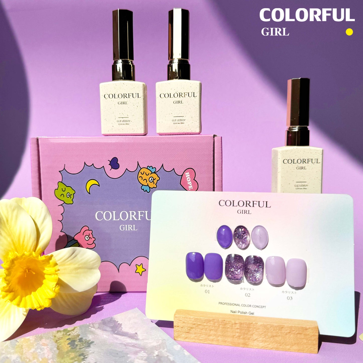 【พร้อมส่ง】Colorful Girl3สี สีเจลกลิซเตอร์+สีเจลสีพื้น 15 สี แถม ชาร์ทสี(Colorful Girl)