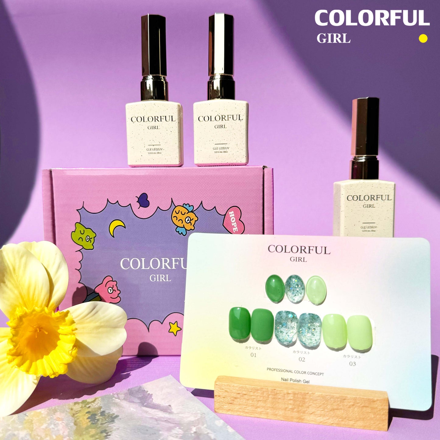 【พร้อมส่ง】Colorful Girl3สี สีเจลกลิซเตอร์+สีเจลสีพื้น 15 สี แถม ชาร์ทสี(Colorful Girl)