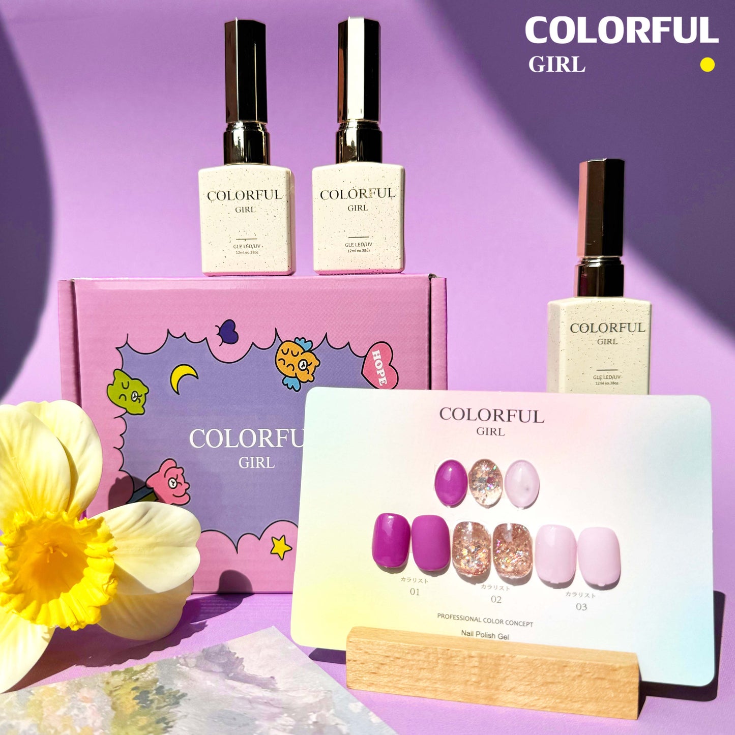 【พร้อมส่ง】Colorful Girl3สี สีเจลกลิซเตอร์+สีเจลสีพื้น 15 สี แถม ชาร์ทสี(Colorful Girl)