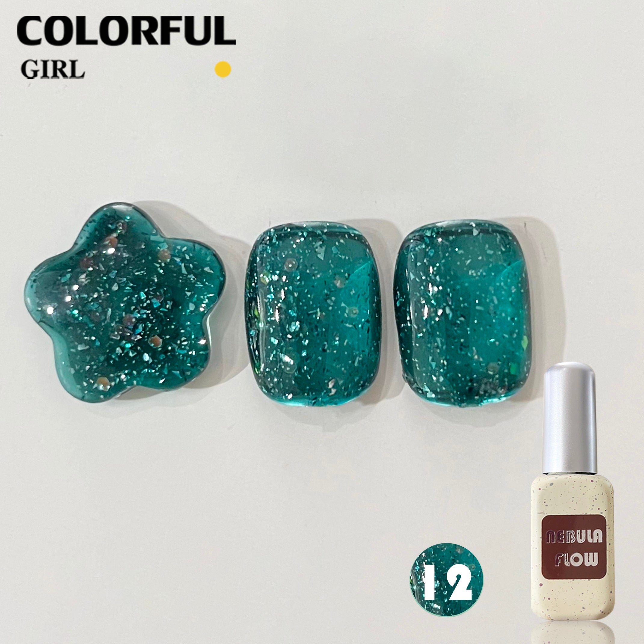 NebulaFlow 12สี แบบแยกขวด |สีเจลสีพื้น/สีเจลกลิซเตอร์ (ชาร์ทโทนเขียว)