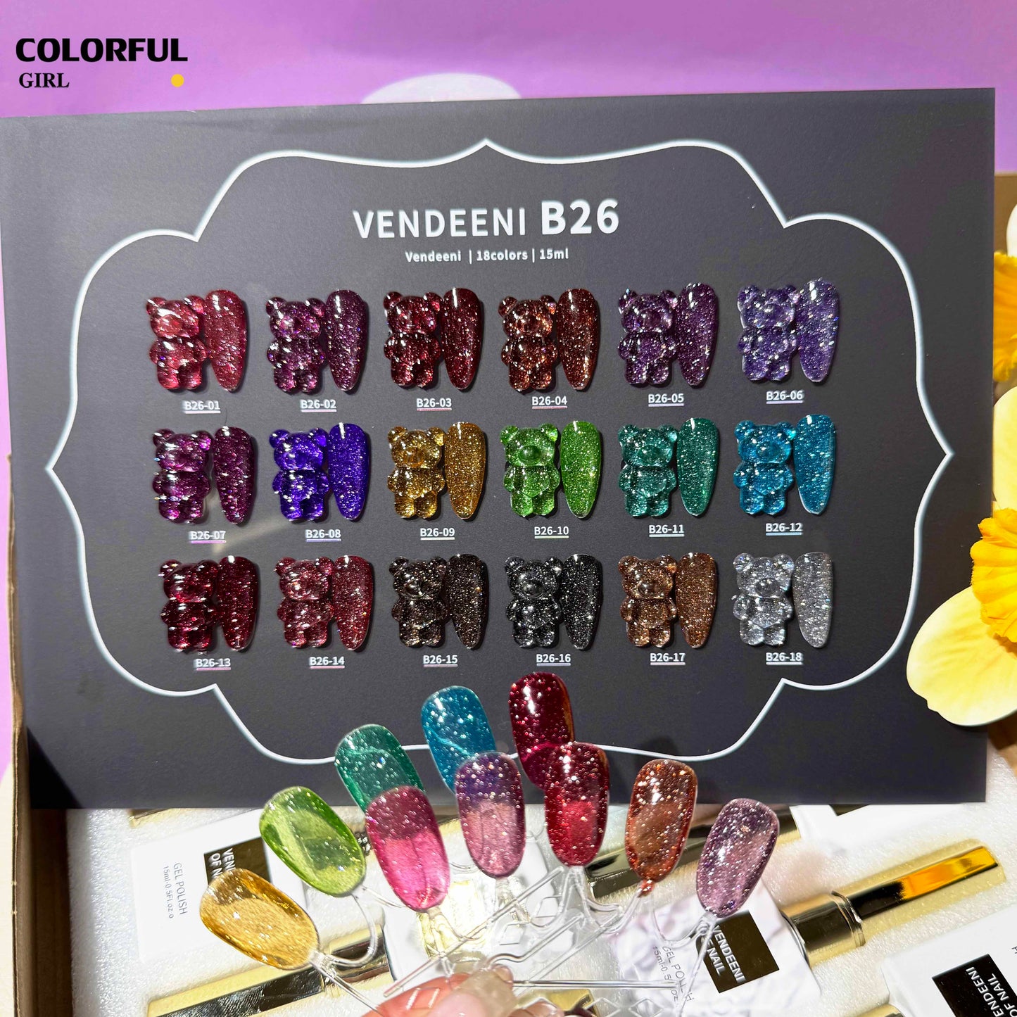 【พร้อมส่ง】VENDEENI สีเจลแฟลช 18สี (VENDEENI B26)สีเจลทาเล็บ สี แถม ชาร์ทสี ยาทาเล็บเจล ชุดสี 18สี + ฟรีชาร์ทสี พร้อมชาร์ทสีค่ะสีแน่นสวยมากเลยนะคะ เอฟเฟกต์มันเงามาก
