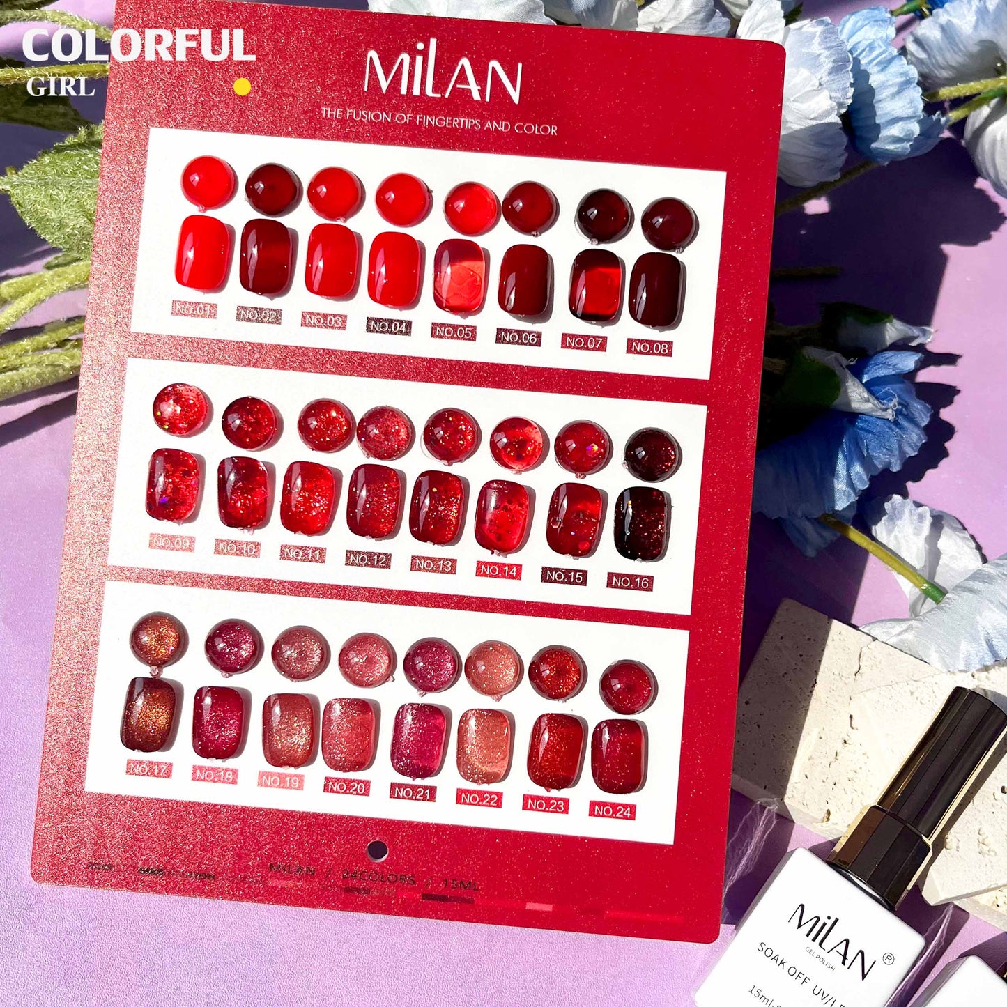 【พร้อมส่ง】MILAN 24สี  สีเจลเซ็ตสีแดง  โทนสีแดง ลูกแก้วแดง สีแดงกลิตเตอร์  ฟรีชาร์ทสี