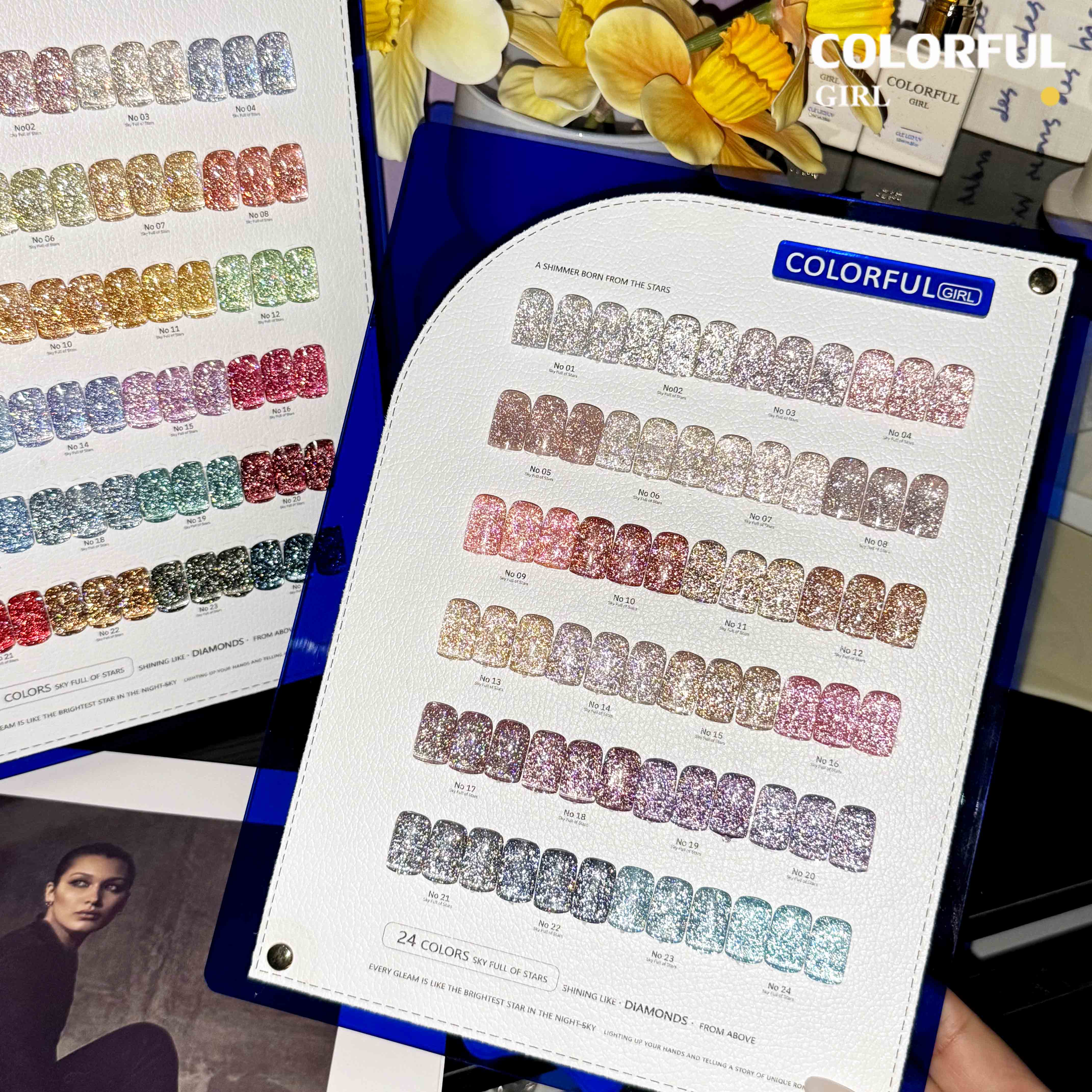 Colorful Girl สีเจลแฟลช 24 สี สีแฟลช สีแน่นสวย ประกายเด่นชัด มีให้เลือก 2 โทนสี — โทนเข้ม & โทนอ่อน แถมฟรีชาร์ทสี