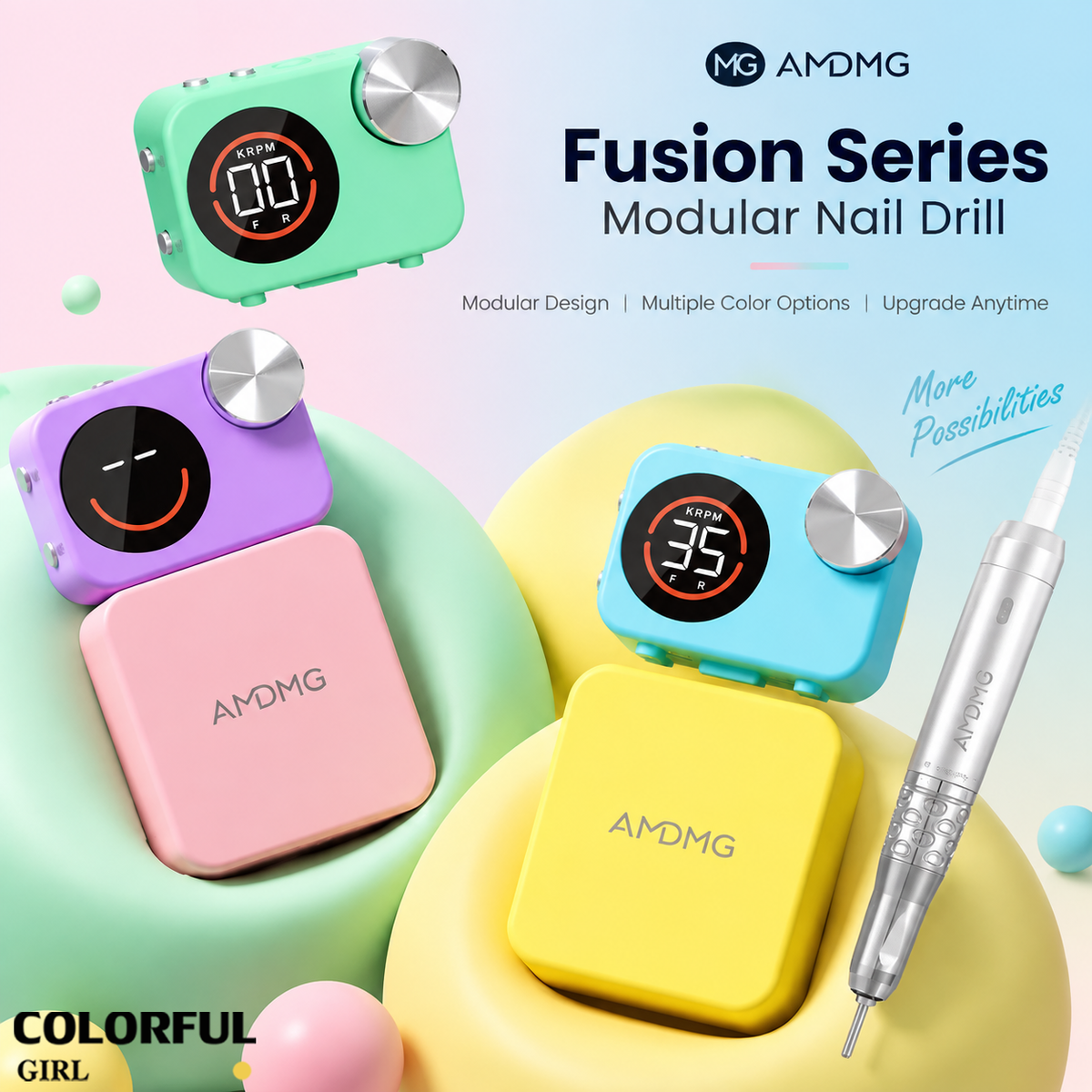 AMDMG Fusion Series เครื่องเจียรเล็บ เครื่องกรอเล็บมืออาชีพ 35000RPM ระบบโมดูลแม่เหล็ก หน้าจอดิจิทัล บันทึกความเร็ว 2 โหมด หมุน F/R เสียงเบา สั่นต่ำ เลือกมอเตอร์ Brushed/Coreless และแบตเตอรี่ Pro/Pro Max