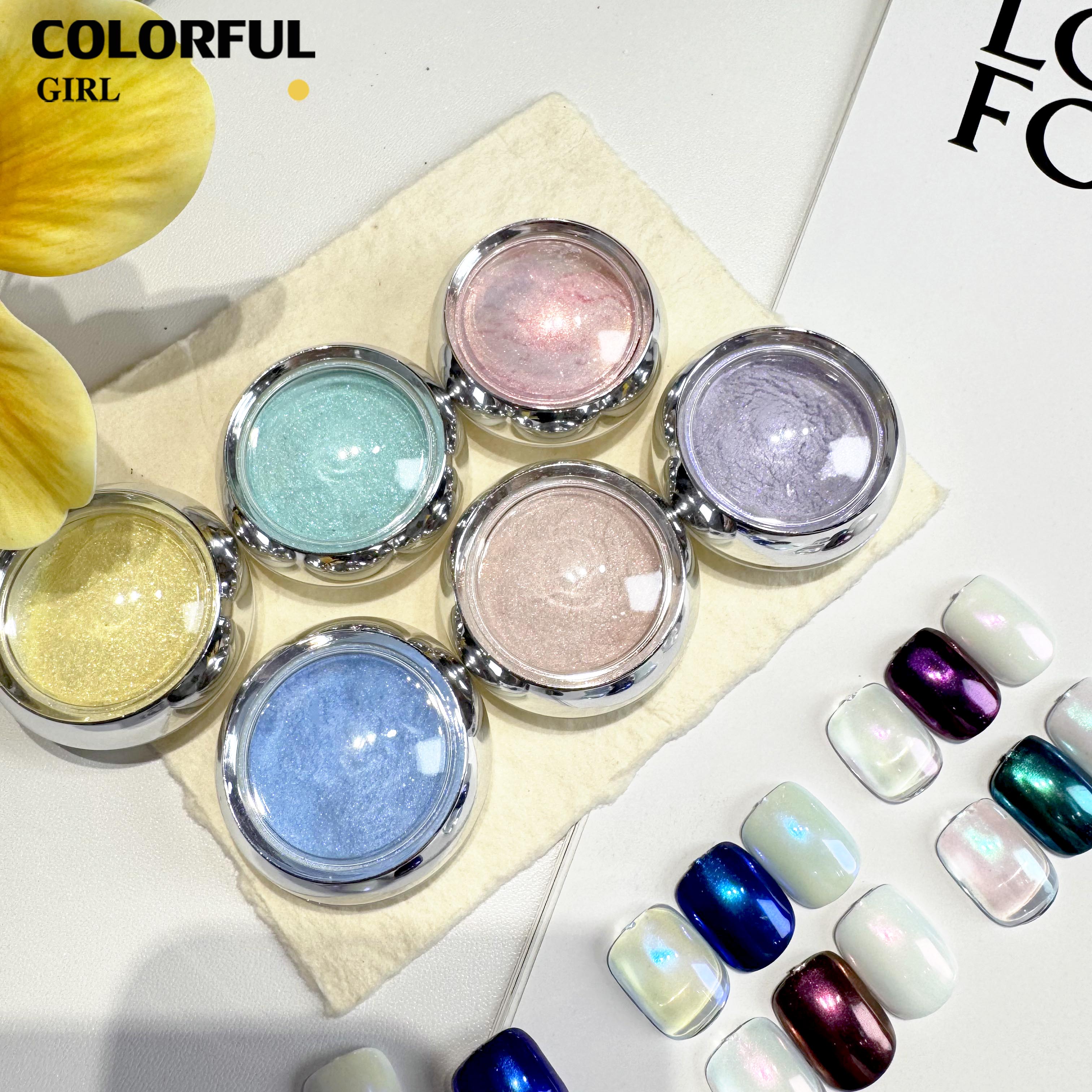 Aurora ผงขัดออโรร่า 6 สี สีโฮโรแกรม สีแต่งเล็บ ผงมุก ผงกระจก นีออน 6 ขวด/ชุด แถมแปรงขัด