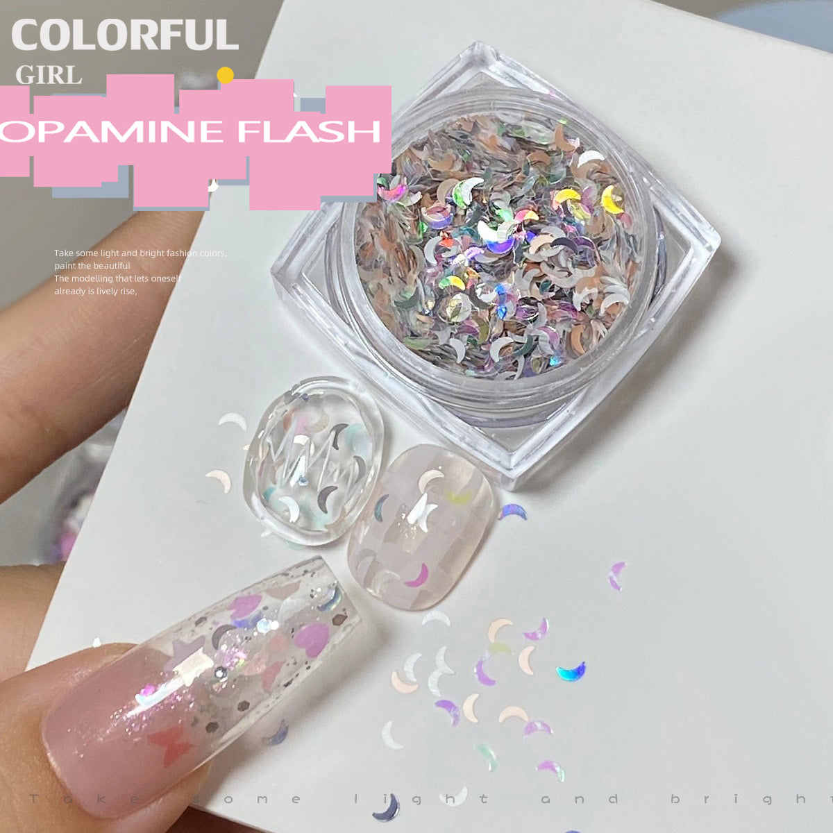 เล็บเลื่อมที่มีสีสัน หัวใจสีชมพูดอกไม้ Bow Moon น่ารัก Girly เล็บ Art DIY Charms ตกแต่งหวาน Critical Strike เล็บเลื่อมตกแต่งเล็บ