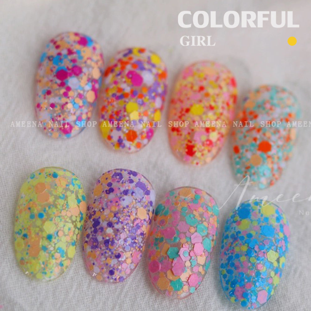 กลิตเตอร์แต่งเล็บ ทรง6เหลี่ยม 1ชุด/8กระปุก Gitter 8 กระปุกแนวน่ารัก