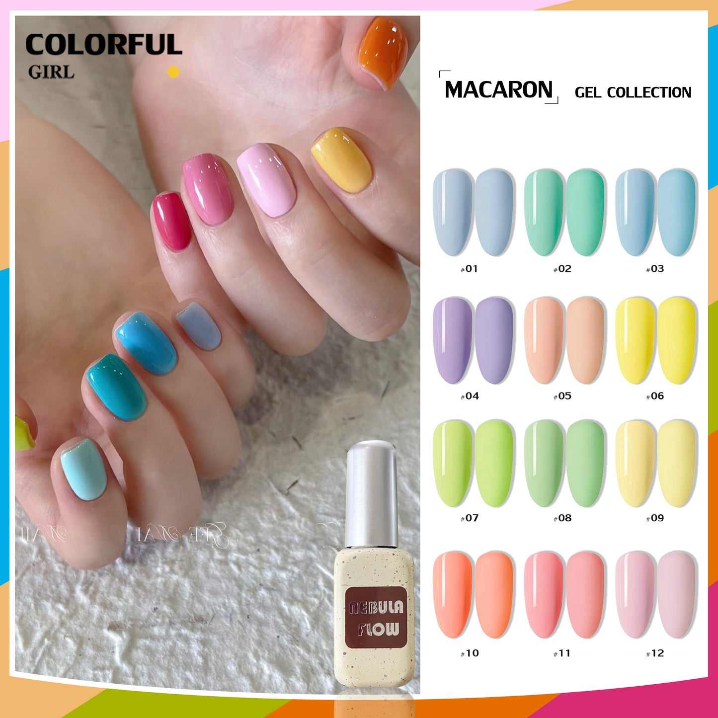 【พร้อมส่ง】NF-014|12สี แบบแยกขวด สีเจลโทนสีมาการอง NebulNFlow|สีพาสเทล สีเจลกลิซเตอร์/สีเจลสีพื้น/  สีแน่น สวยมาก ต้องอบ วิบวับ