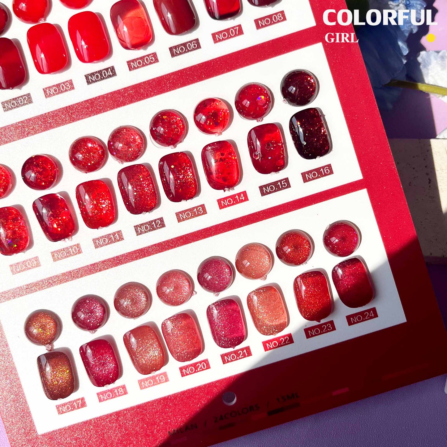 【พร้อมส่ง】MILAN 24สี  สีเจลเซ็ตสีแดง  โทนสีแดง ลูกแก้วแดง สีแดงกลิตเตอร์  ฟรีชาร์ทสี