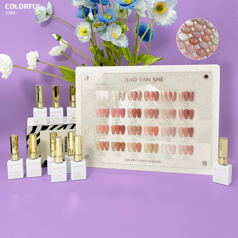 【พร้อมส่ง】สีเจล เซ็ท 24 สี JIAO YAN SHE สีเจลชิมเมอร์ 24 สีโทนชมพู แถมชาร์ทอะคริลิคสำเร็จรูป