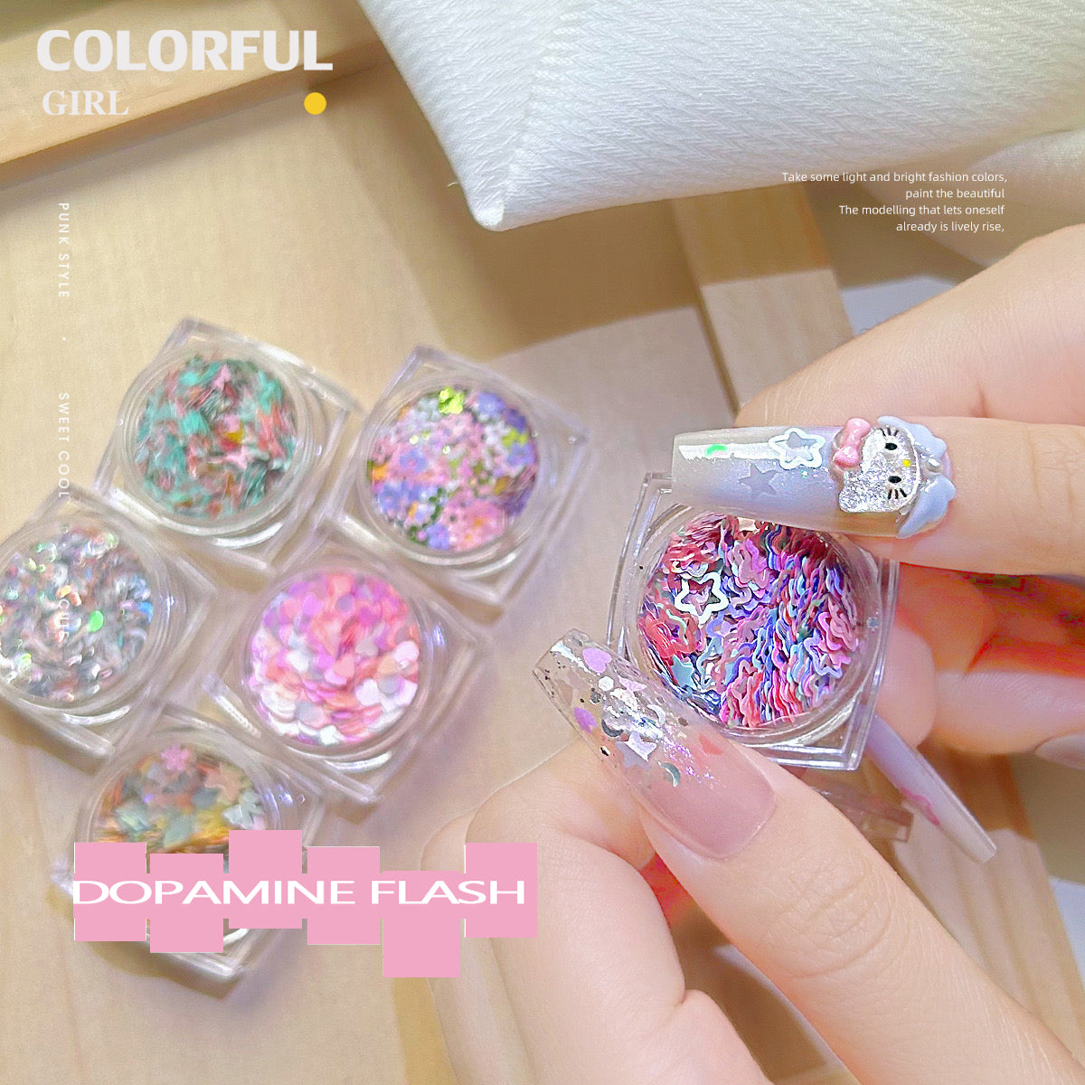 เล็บเลื่อมที่มีสีสัน หัวใจสีชมพูดอกไม้ Bow Moon น่ารัก Girly เล็บ Art DIY Charms ตกแต่งหวาน Critical Strike เล็บเลื่อมตกแต่งเล็บ
