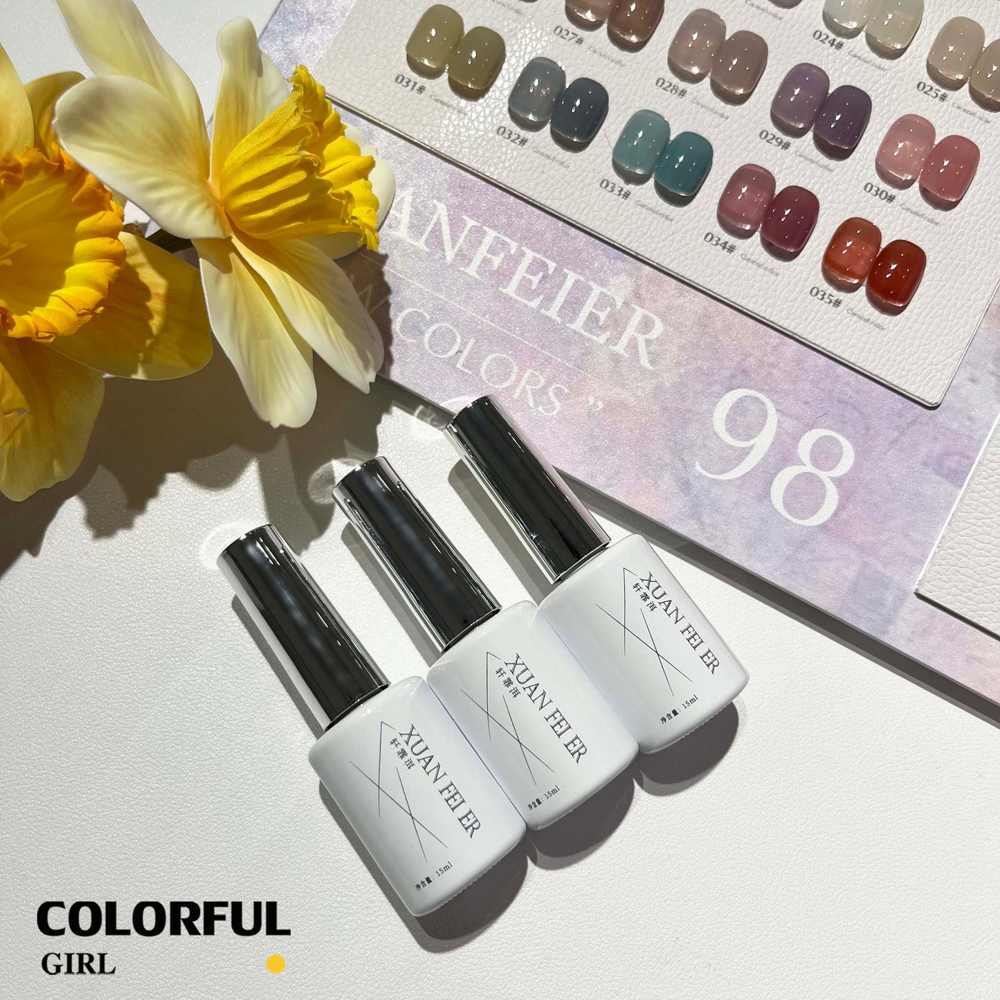 【พร้อมส่ง】สีเจล XUANFEIER 98 สี ชุดยาทาเล็บ 15ml/ขวด การ์ดสีฟรี +TOP COAT+BASE COAT ชุดร้านเล็บ สีเจลสีพื้น/สีเจลไซรัป/สีเจลกลิซเตอร์