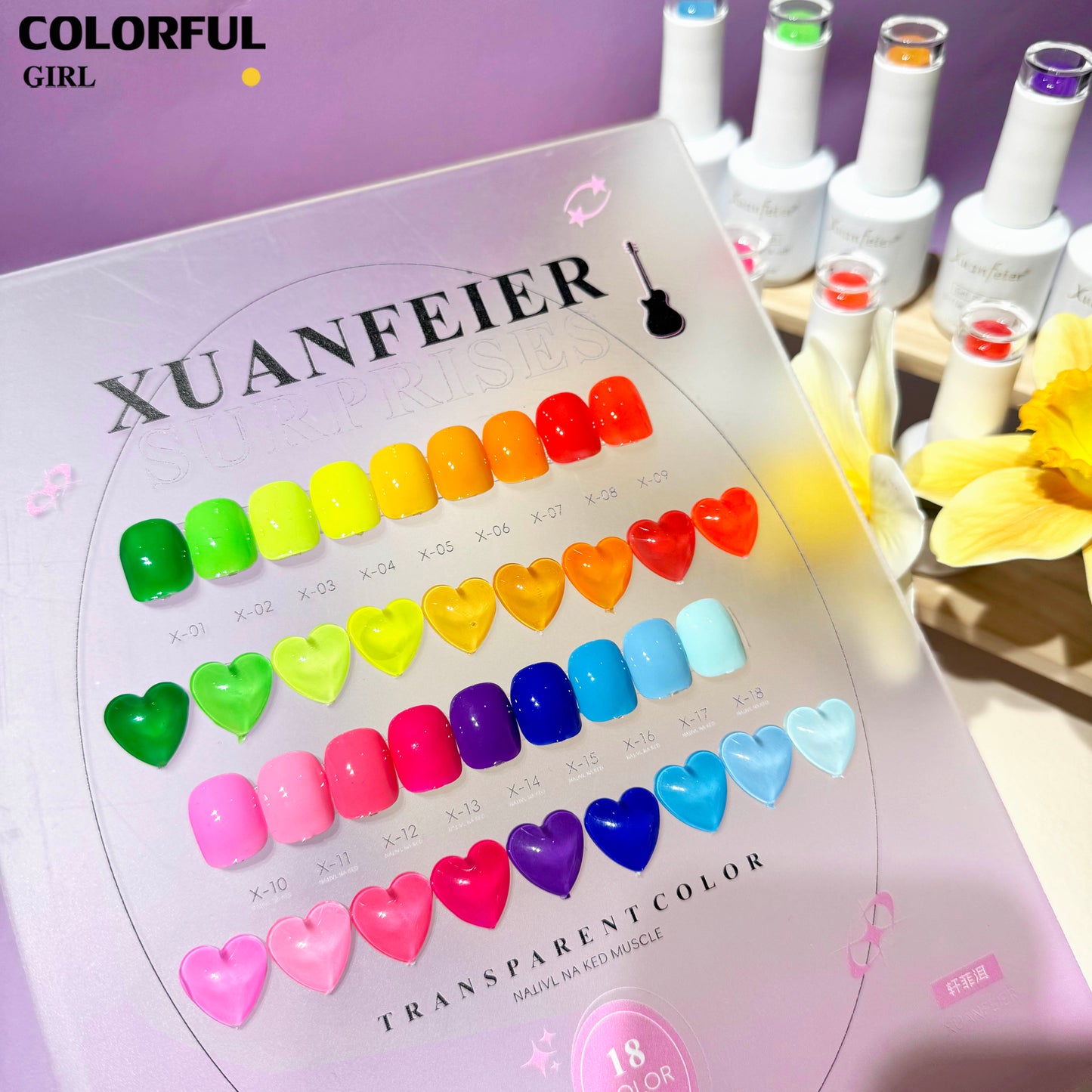 XUANFEIER เจลสีเรืองแสง 18 สีใหม่สุดฮิต พร้อมส่งทันที! แถมฟรีแผ่นสีช่วยเลือกสีสุดน่ารัก สวยติดทนนาน แต่งเล็บง่าย ได้ลุคโดดเด่นทุกโอกาส