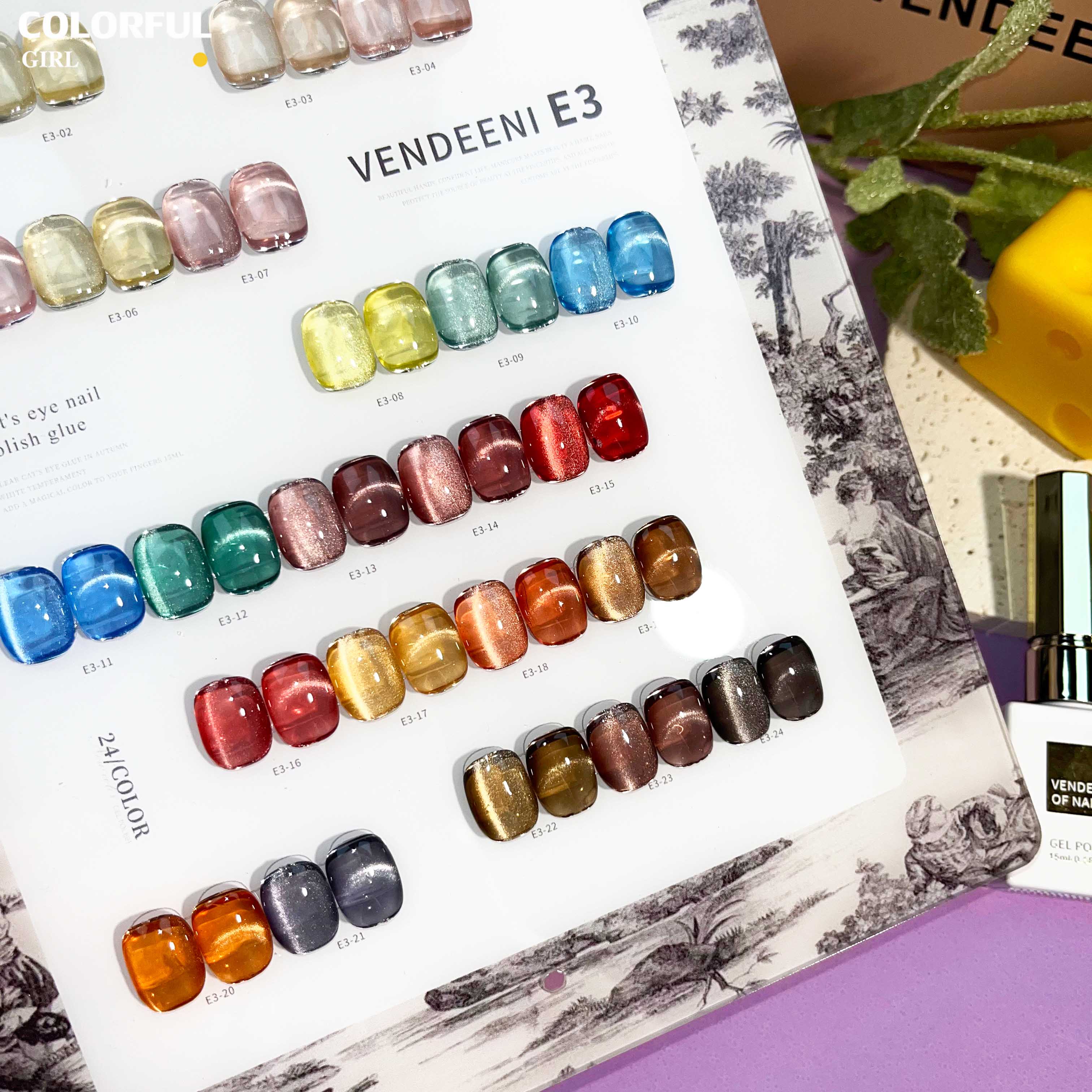 VENDEENI E-3 เจลทาเล็บแคทอาย 24 สี สีลูกแก้วแคทอาย ฟรีชาร์ทสี