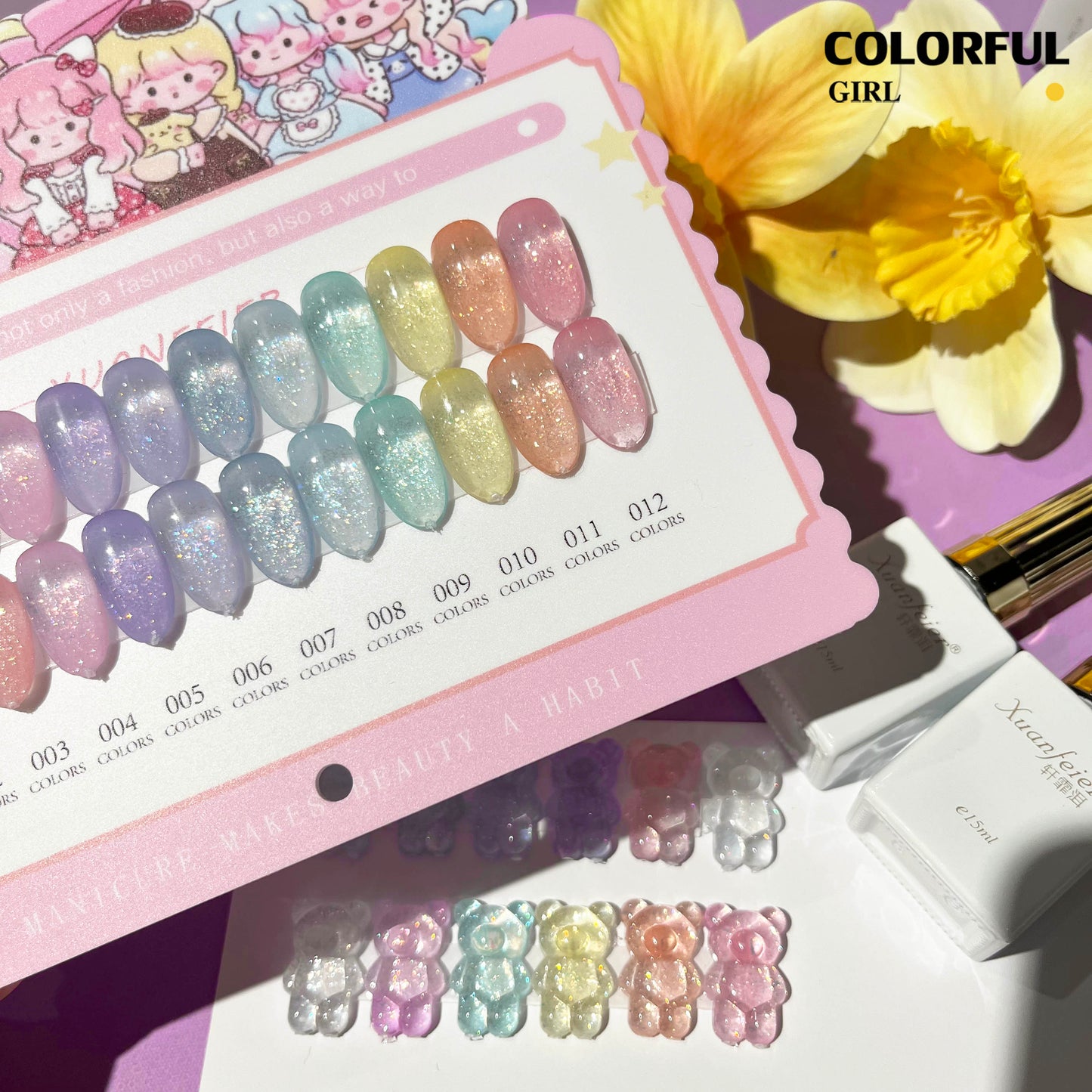 【พร้อมส่ง】XUANFEIER สีเจลแฟลช 12สี สีทาเล็บเจล 12สี สีเจลกลิซเตอร์ 12สี(XUANFEIER) สีเจล12สี สีเจลแฟลช แถม ชาร์ทสี (แถม ชาร์ทสี ทามาให้แล้ว)