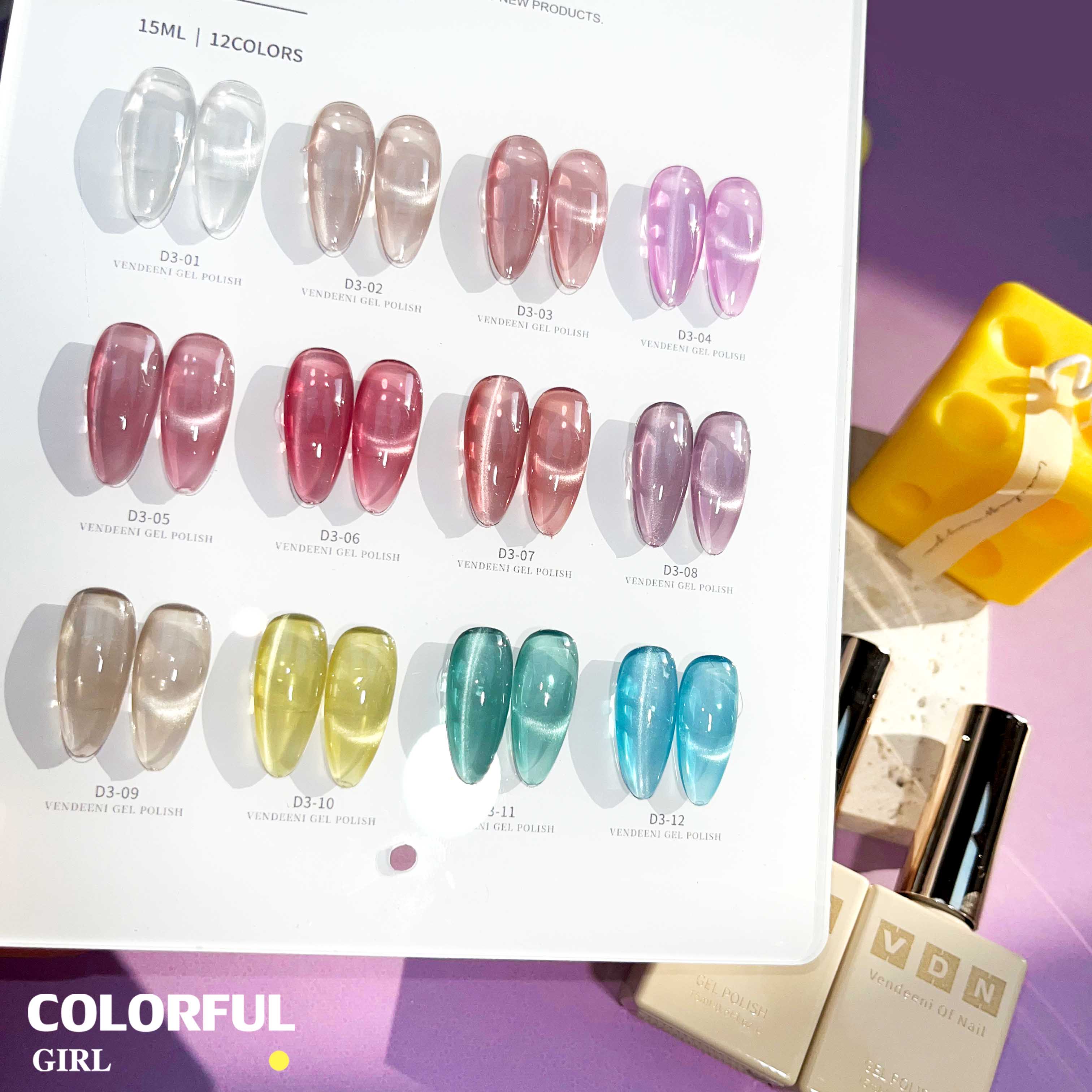 VENDEENI D-3 12 สี สีลูกแก้วแคทอาย พร้อมชาร์ทสี