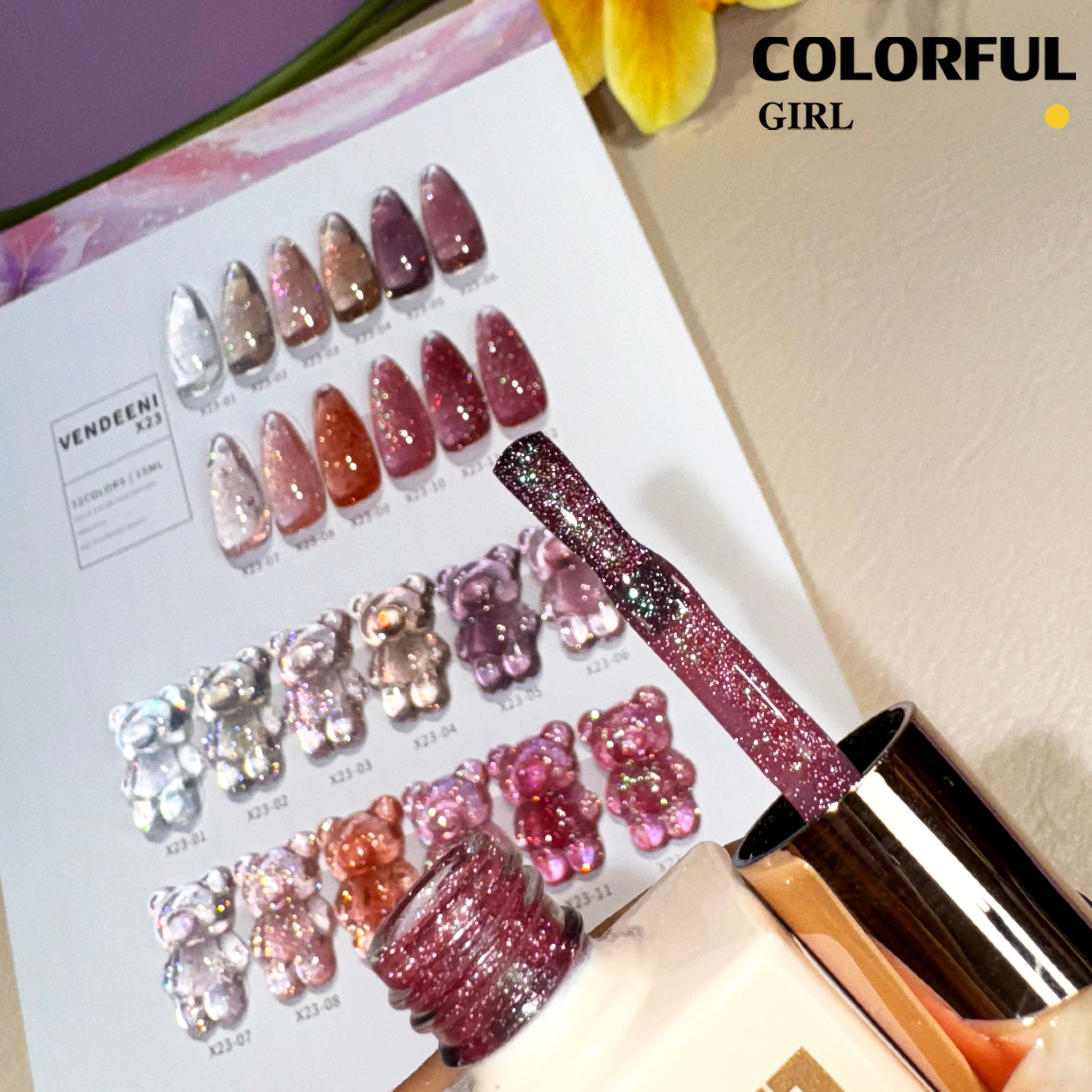 VENDEENI VDN-X23 สีเจลแฟลช 12 สี ✨ สีสวยระยิบระยับ เม็ดสีแน่นชัด แถมฟรีชาร์จสี