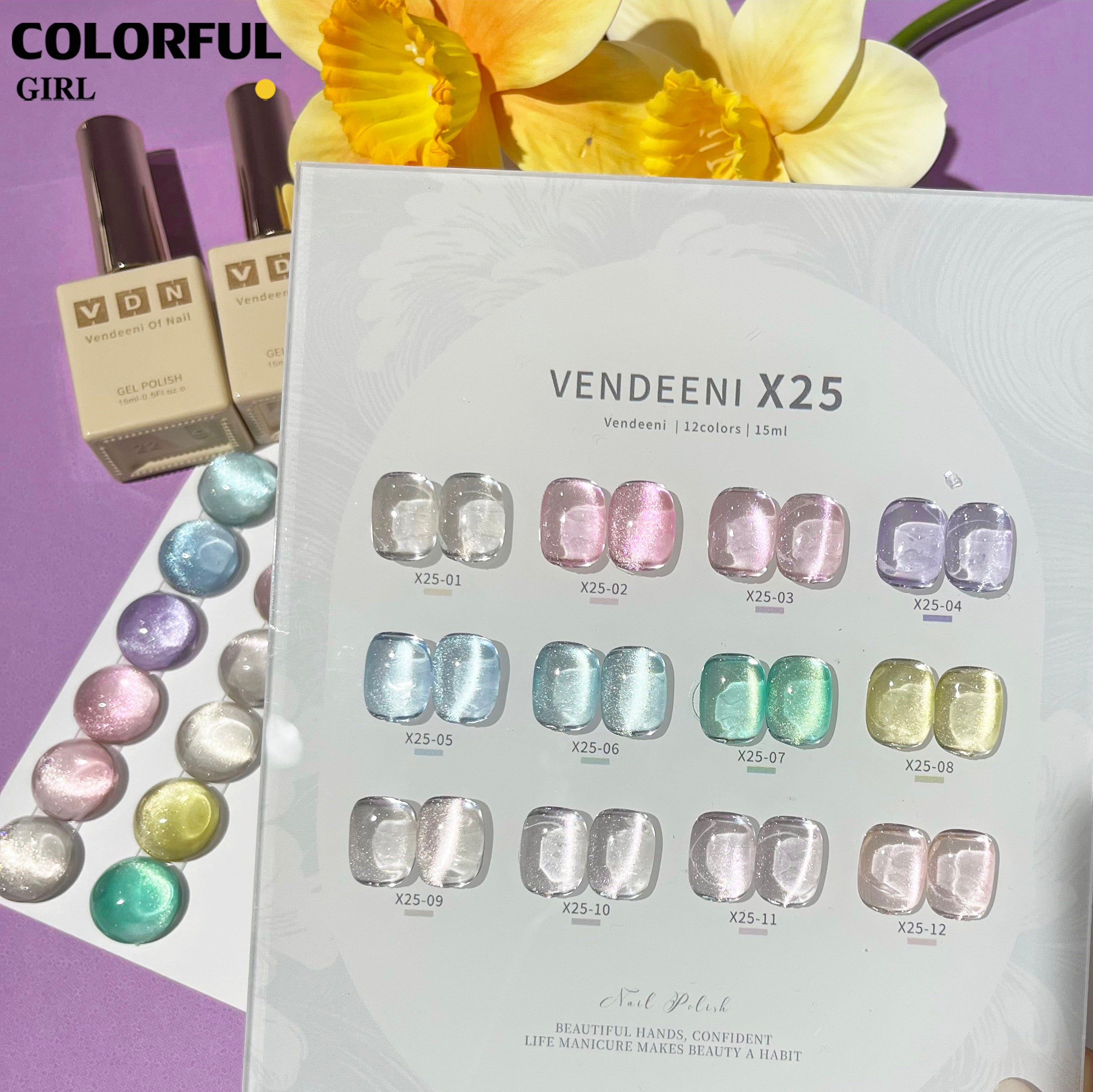 VENDEENI VDN-X25 สีเจลทาเล็บแคทอาย 12สี แถมฟรีชาร์ทสี