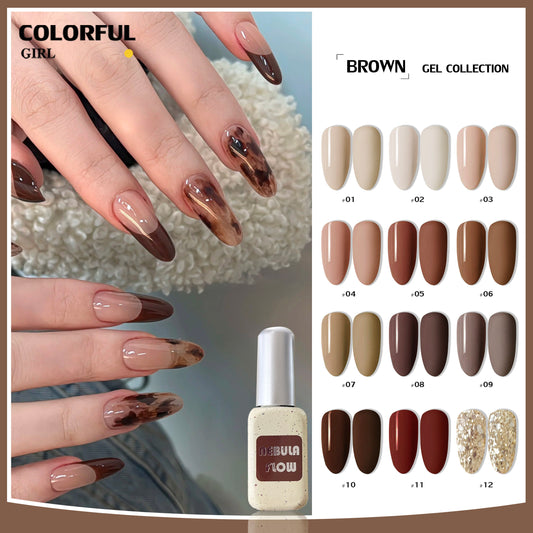 【พร้อมส่ง】 NF-009|12สี แบบแยกขวด สีเจลสีน้ำตาล NebulNFlow|     สีเจลสีพื้น/ สีเจลกลิซเตอร์/สีเจลไซรัป  วิบวับ สวยมาก สีแน่น ต้องอบ