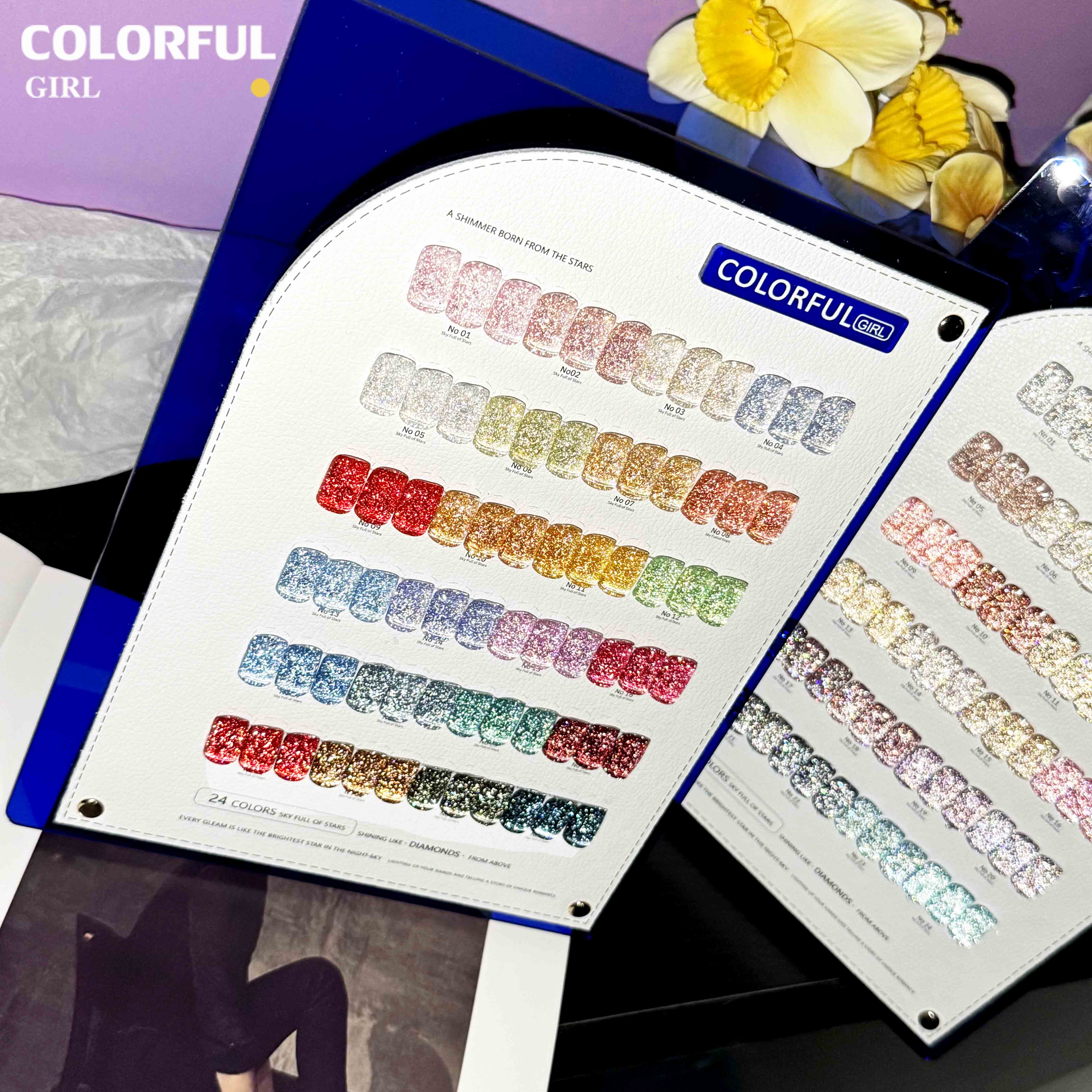 Colorful Girl สีเจลแฟลช 24 สี สีแฟลช สีแน่นสวย ประกายเด่นชัด มีให้เลือก 2 โทนสี — โทนเข้ม & โทนอ่อน แถมฟรีชาร์ทสี