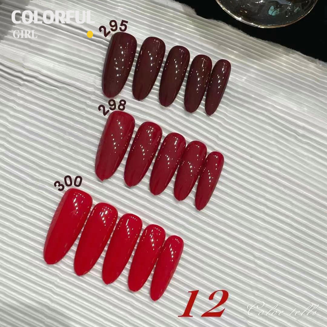 【พร้อมส่ง】 สีทาเล็บเจล Colorful Girl สี( Colorful Girl) สีเจล สีเจลสีพื้น 12สีชุดเจลสีแดง แถมชาร์ทสี