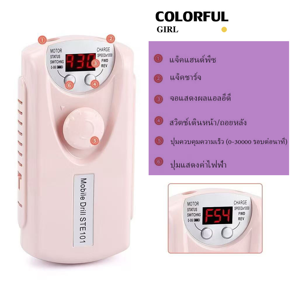 เครื่องเจียรเล็บ 30000RPM พร้อมหัวเจีย เครื่องสีดำ สีชมพู และสีขาว