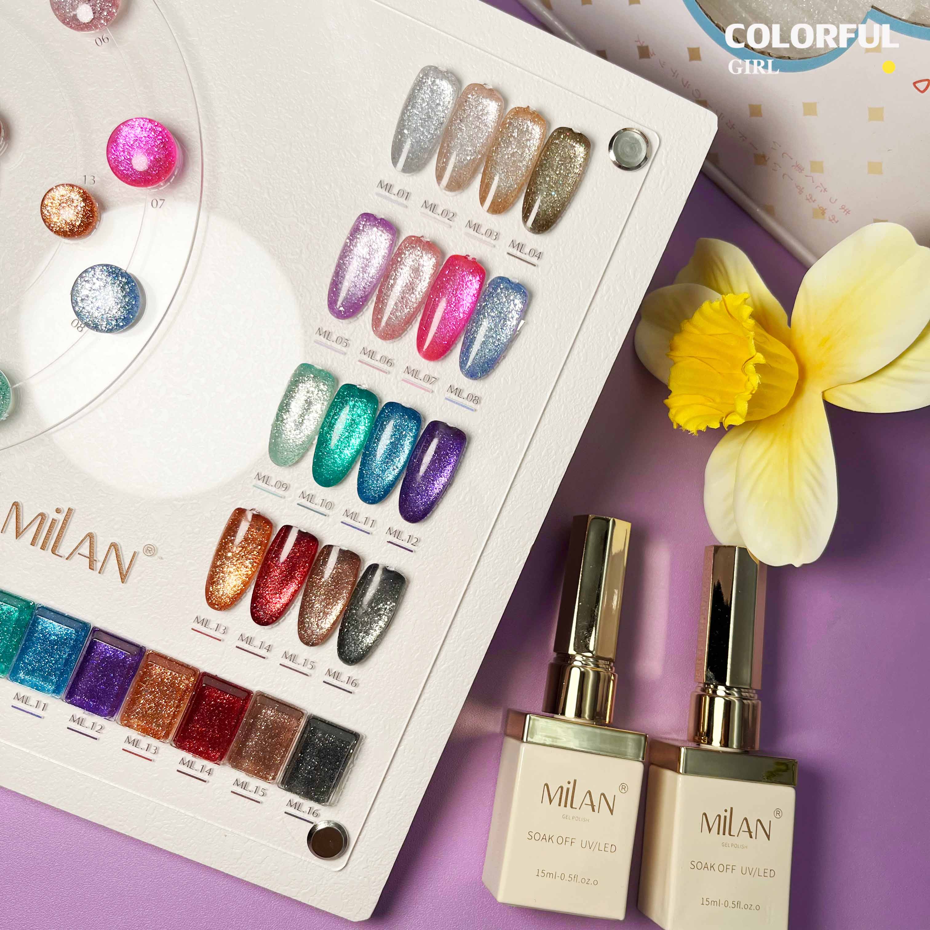MILAN 16 สี สีเจลแฟลชกลิตเตอร์ แพลตติมันแฟลช+ประกายออโรร่า ฟรีชาร์ทสี (กลิตเตอร์แน่น)