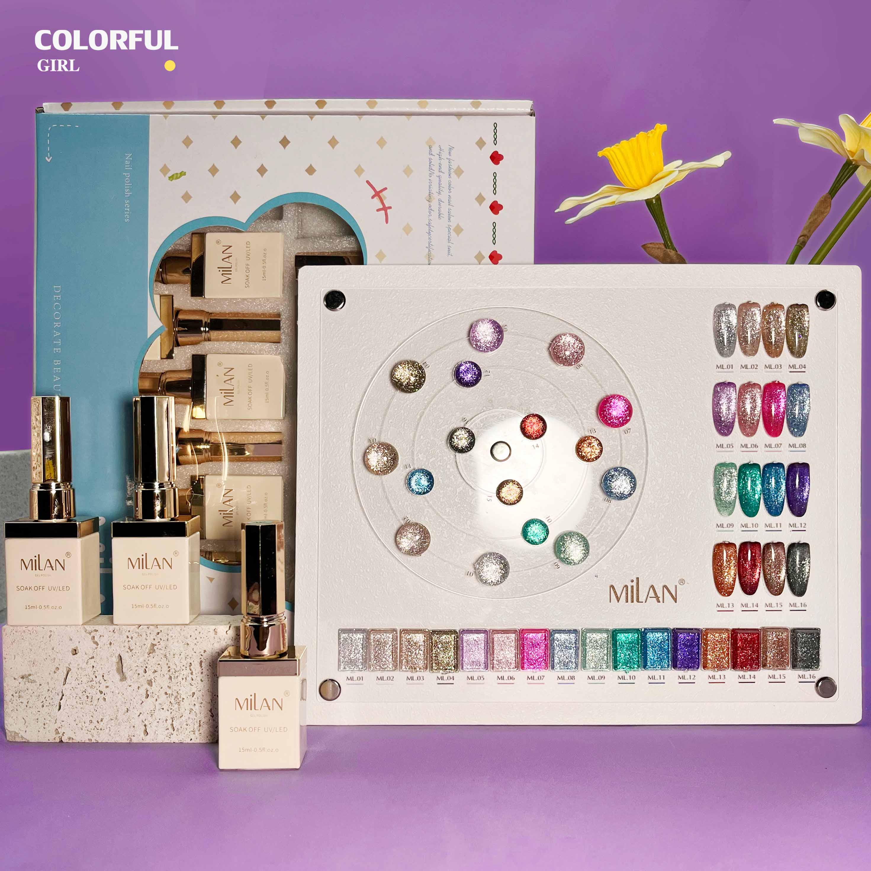 MILAN 16 สี สีเจลแฟลชกลิตเตอร์ แพลตติมันแฟลช+ประกายออโรร่า ฟรีชาร์ทสี (กลิตเตอร์แน่น)