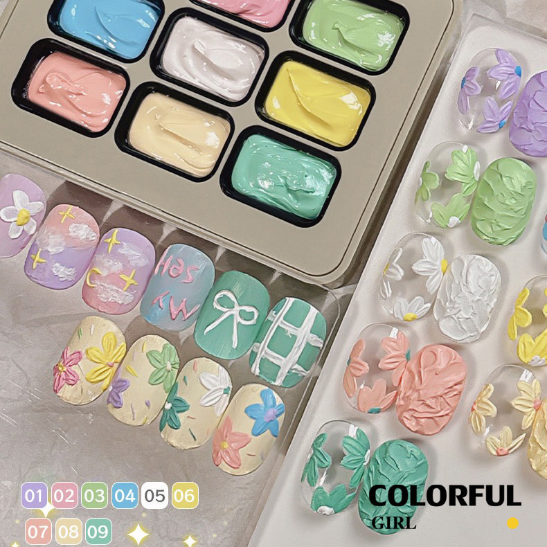 ✨พร้อมส่ง✨ OIL PAINTING TEXTURE GEL ญี่ปุ่นเล็บแกะสลักกาวแกะสลักดินน้ำมันยูวีเจลจิตรกรรม 5d นูนเจลเล็บอุปกรณ์สำหรับมืออาชีพ 9 สี