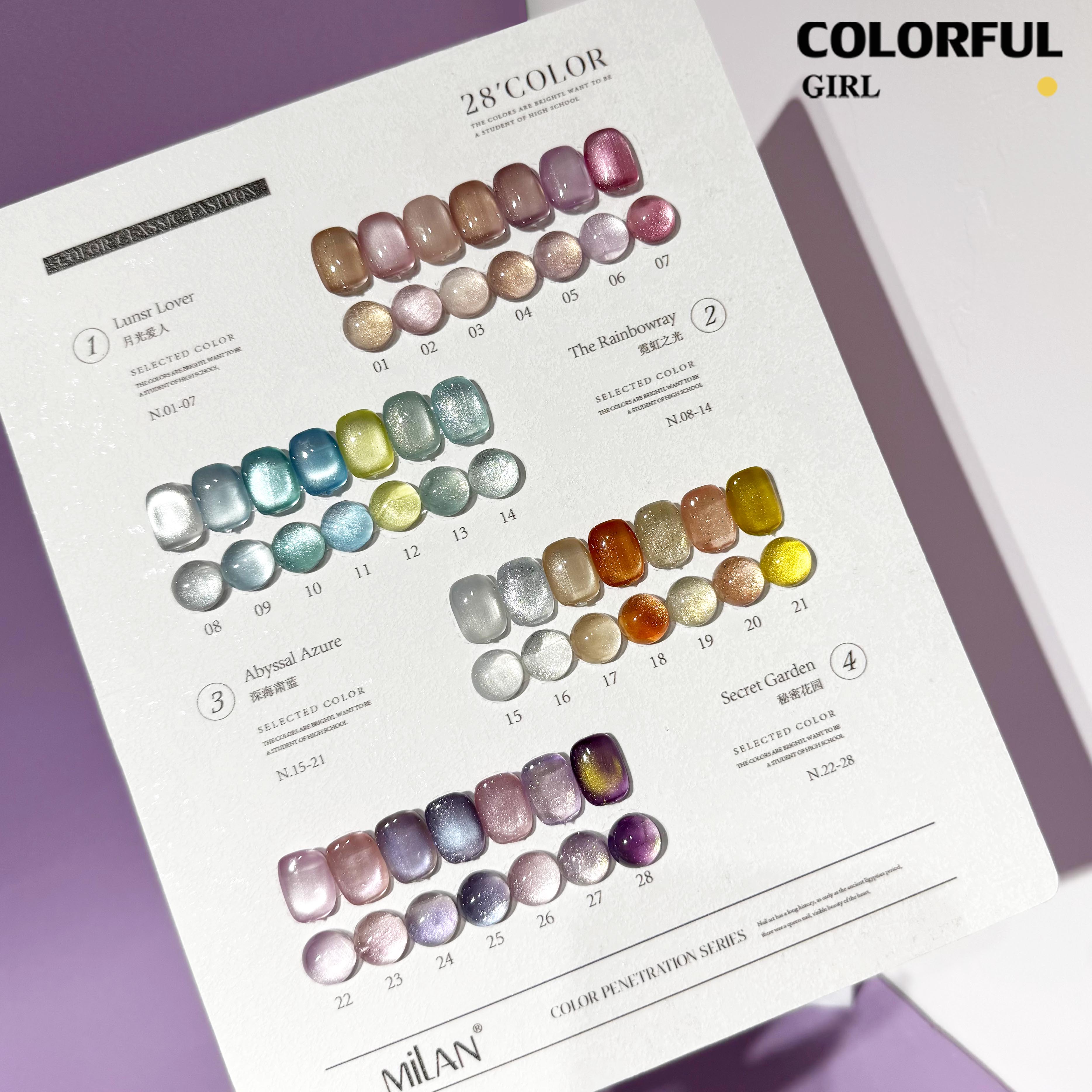 MILAN 28 สี เจลแคทอายผิวซาตินมุก + สีเจลแคทอาย ฟรีชาร์ทสี