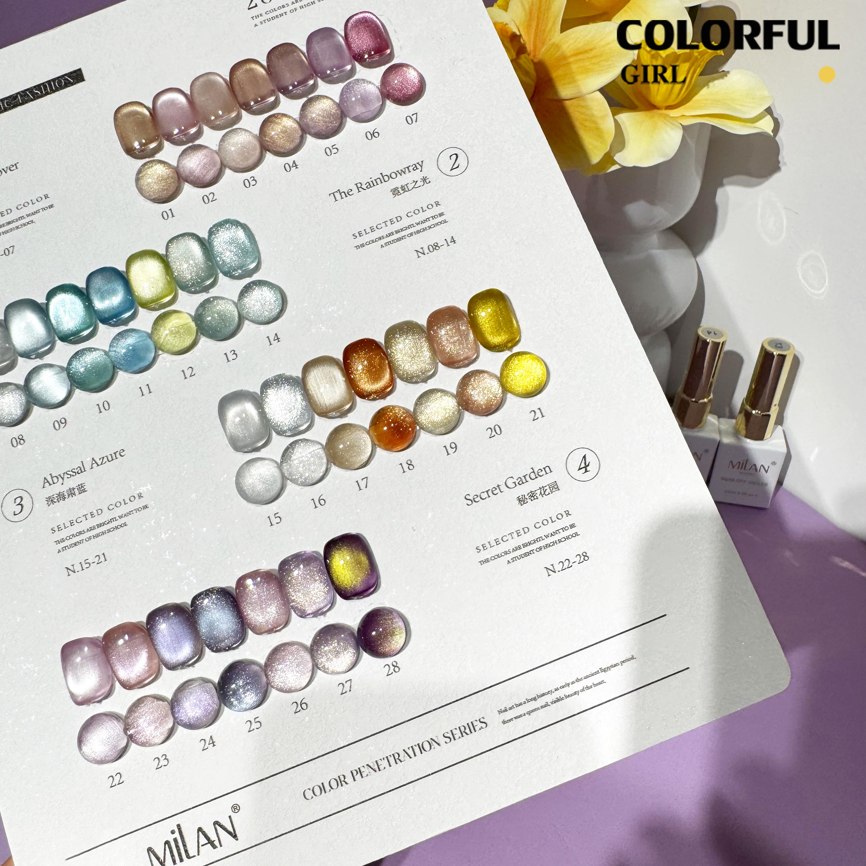 MILAN 28 สี เจลแคทอายผิวซาตินมุก + สีเจลแคทอาย ฟรีชาร์ทสี