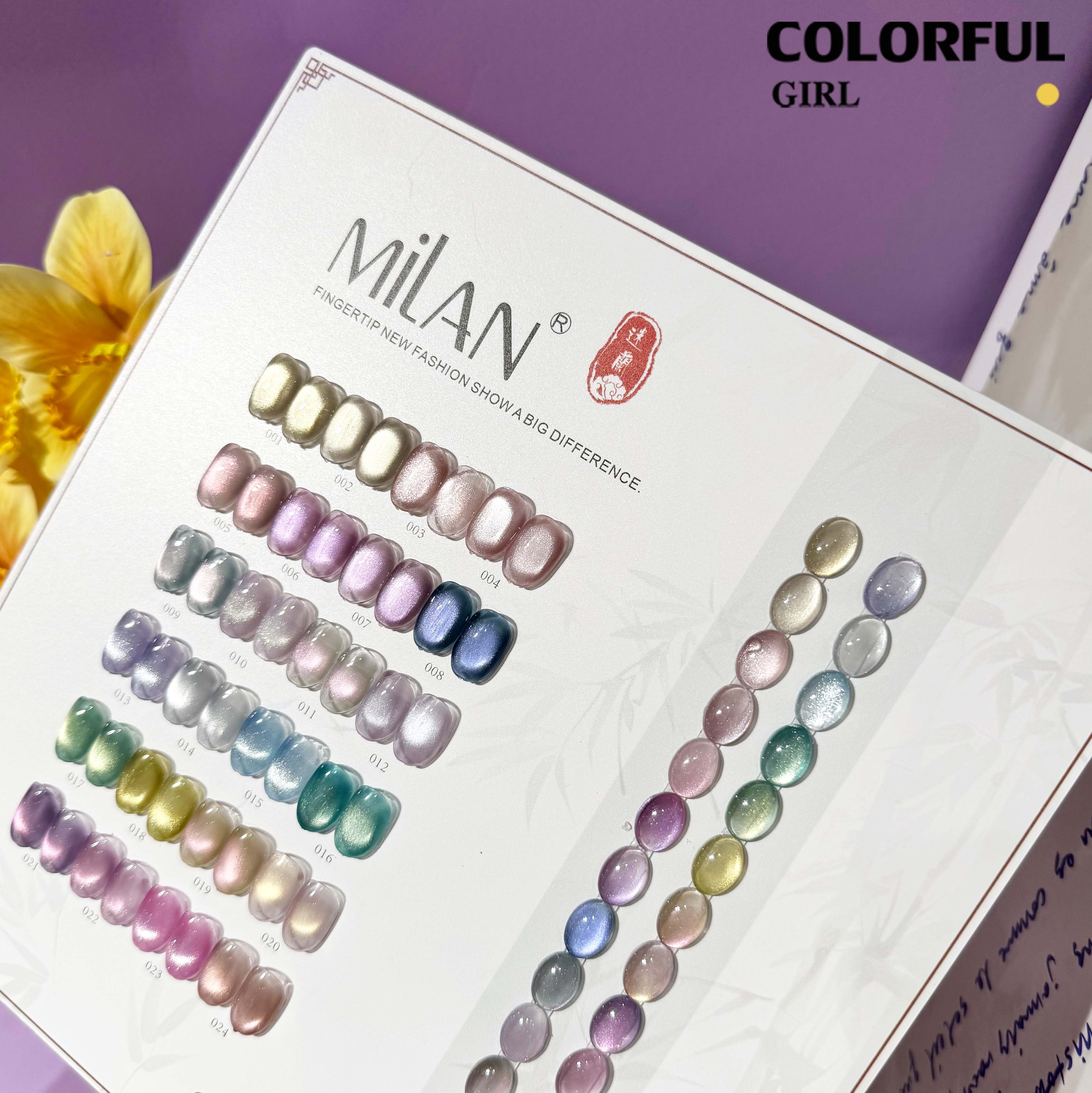 MILAN 24สี เจลแคทอายผิวซาตินมุก + สีเจลแคทอาย สีเจลแคทอายเนื้อซาติน ฟรีชาร์ทสี