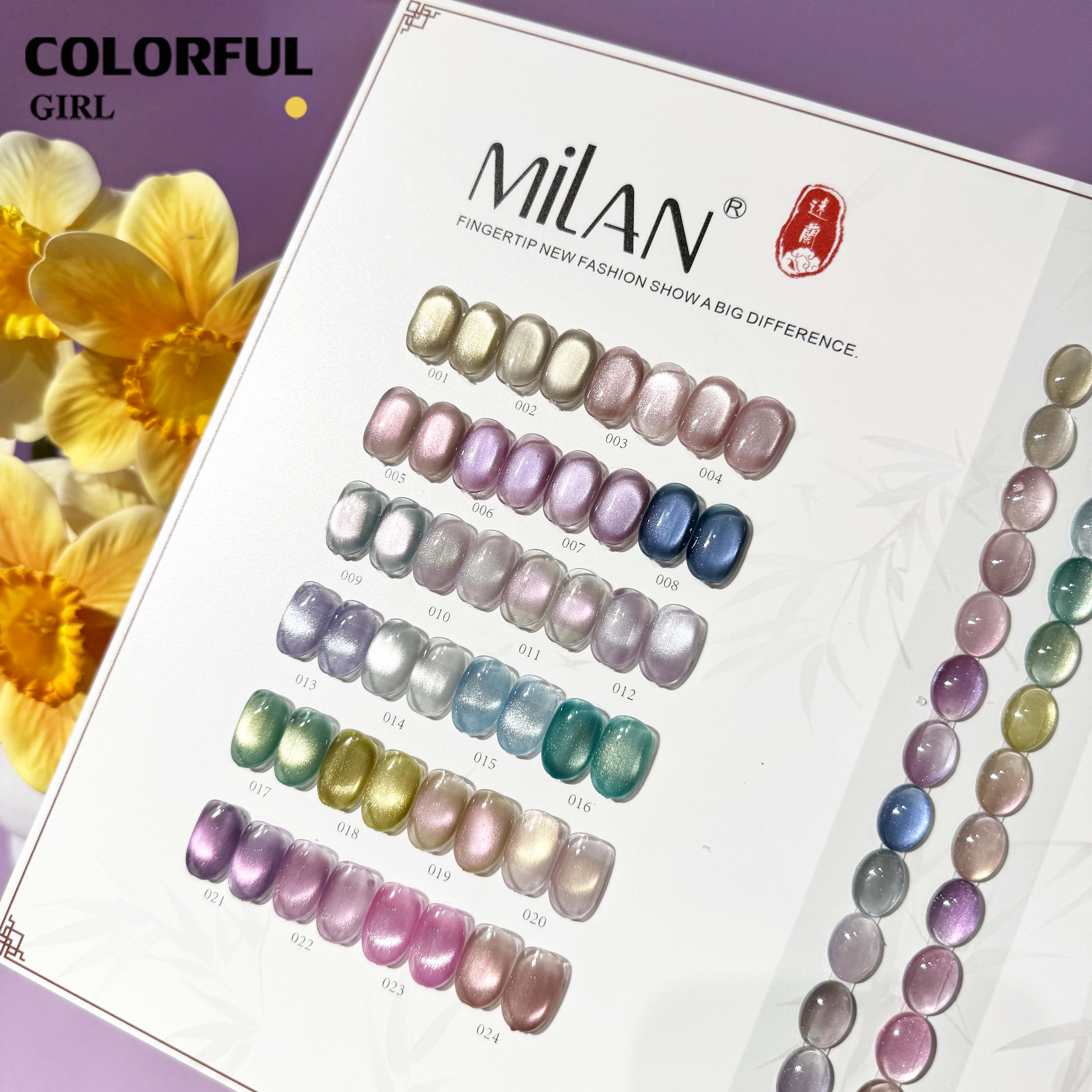 MILAN 24สี เจลแคทอายผิวซาตินมุก + สีเจลแคทอาย สีเจลแคทอายเนื้อซาติน ฟรีชาร์ทสี