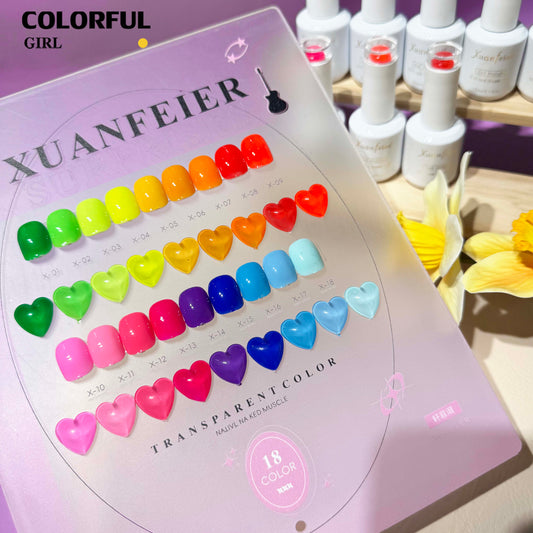 XUANFEIER เจลสีเรืองแสง 18 สีใหม่สุดฮิต พร้อมส่งทันที! แถมฟรีแผ่นสีช่วยเลือกสีสุดน่ารัก สวยติดทนนาน แต่งเล็บง่าย ได้ลุคโดดเด่นทุกโอกาส