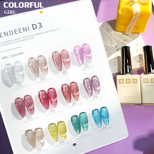 พร้อมส่งในไทย สีลูกแก้ว ฟรีชาร์ทสี Cat eye 《 VENDEENI  D-3》12สี  สีลูกแก้วแคทอาย สีลูกแก้ว ส่งไว!  พร้อมชาร์ทสีค่ะสีแน่นสวยมากเลยนะคะ เอฟเฟกต์มันเงามาก