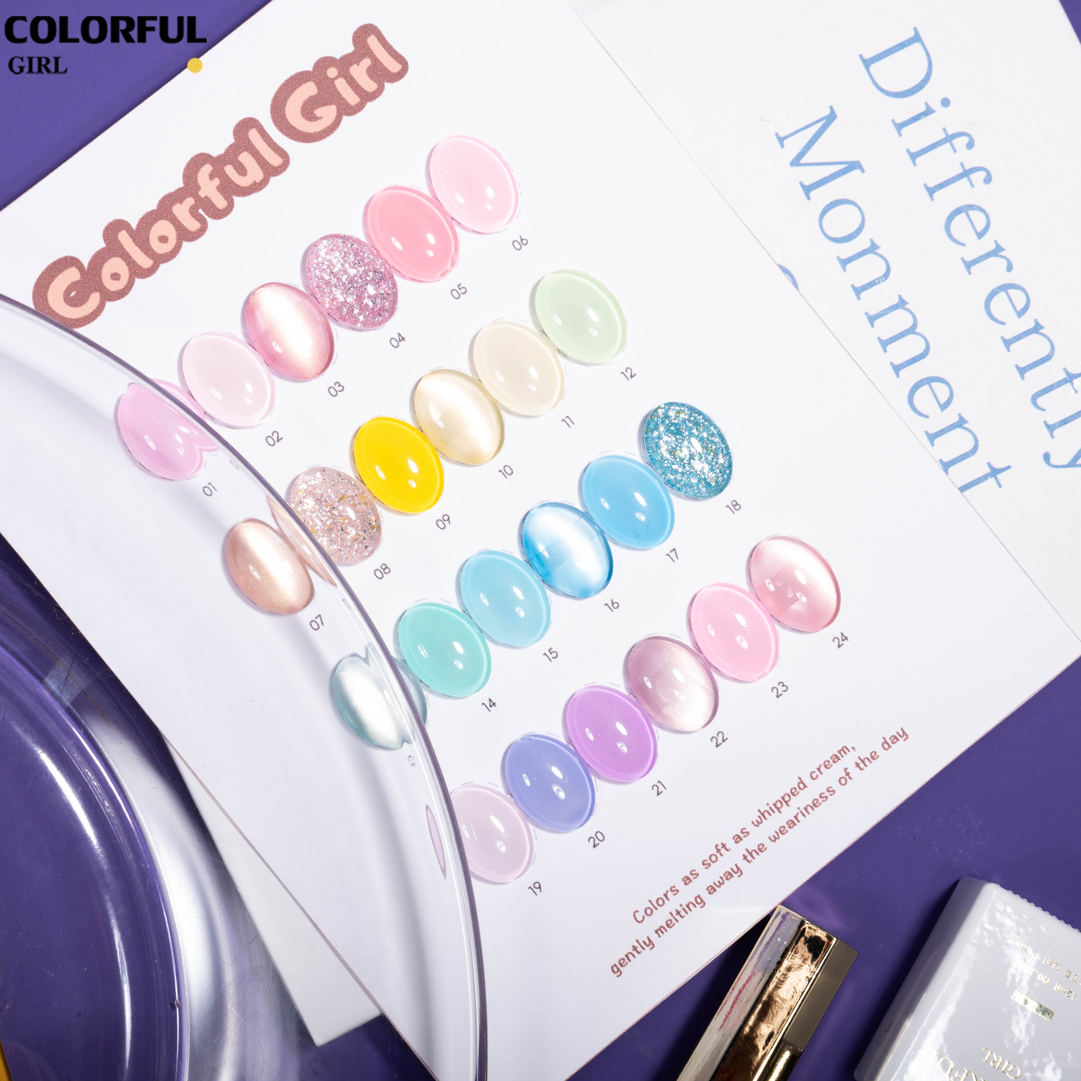 COLORFUL GIRL 24 สี โทนมาคารอง ✨｜เจลสีพื้น + เจลกลิตเตอร์ + เจลแคทอาย｜ฟีลนุ่มละมุนเหมือนครีม｜โทนสีหวานสไตล์สาวน่ารัก｜พลังความสดใสแบบสาวคิวท์ 💅