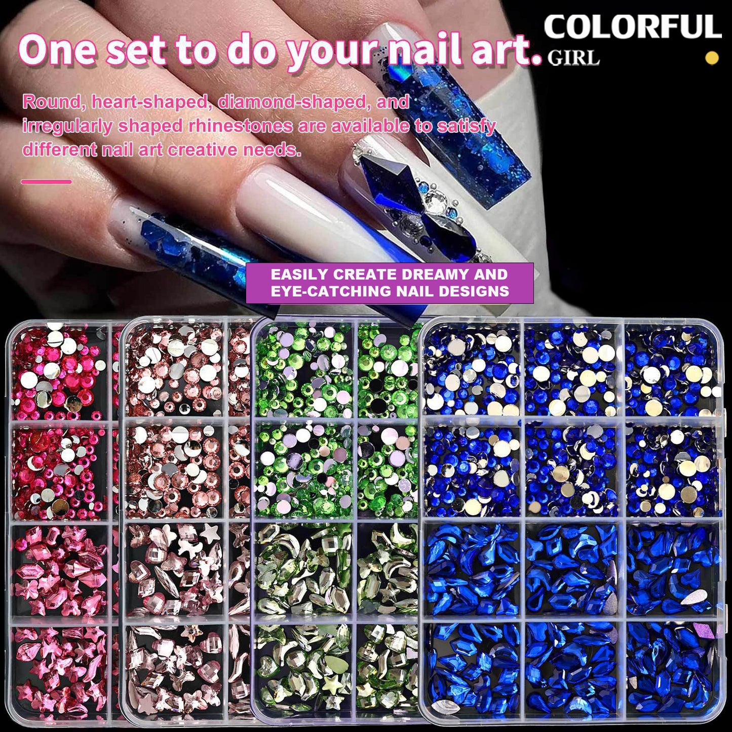 COLORFUL GIRL เพชรติดเล็บ พลอยแต่งเล็บ เกรดพรีเมียม กล่อง 12 ช่อง คริสตัลแต่งเล็บ อะไหล่ทำเล็บ เพชรแฟนซี หลายทรง