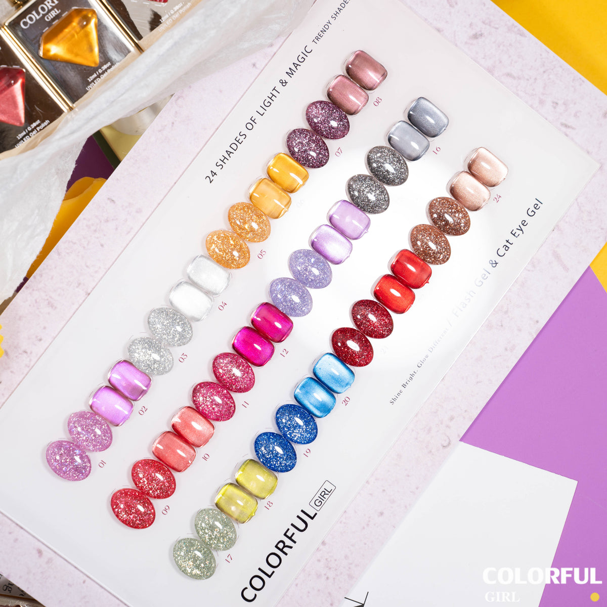 【พร้อมส่ง】Colorful Girl  สีเจลแฟลชและสีเจลแคทอาย   24 สี  . เจลลูกแก้วสะท้อนแสง กากเพชรวิบวับ เล่นแสงสวย สีทาเล็บเจล อบด้วยไฟ UV/LED เลือกสีได้  (พร้อมใช้งาน) ✨