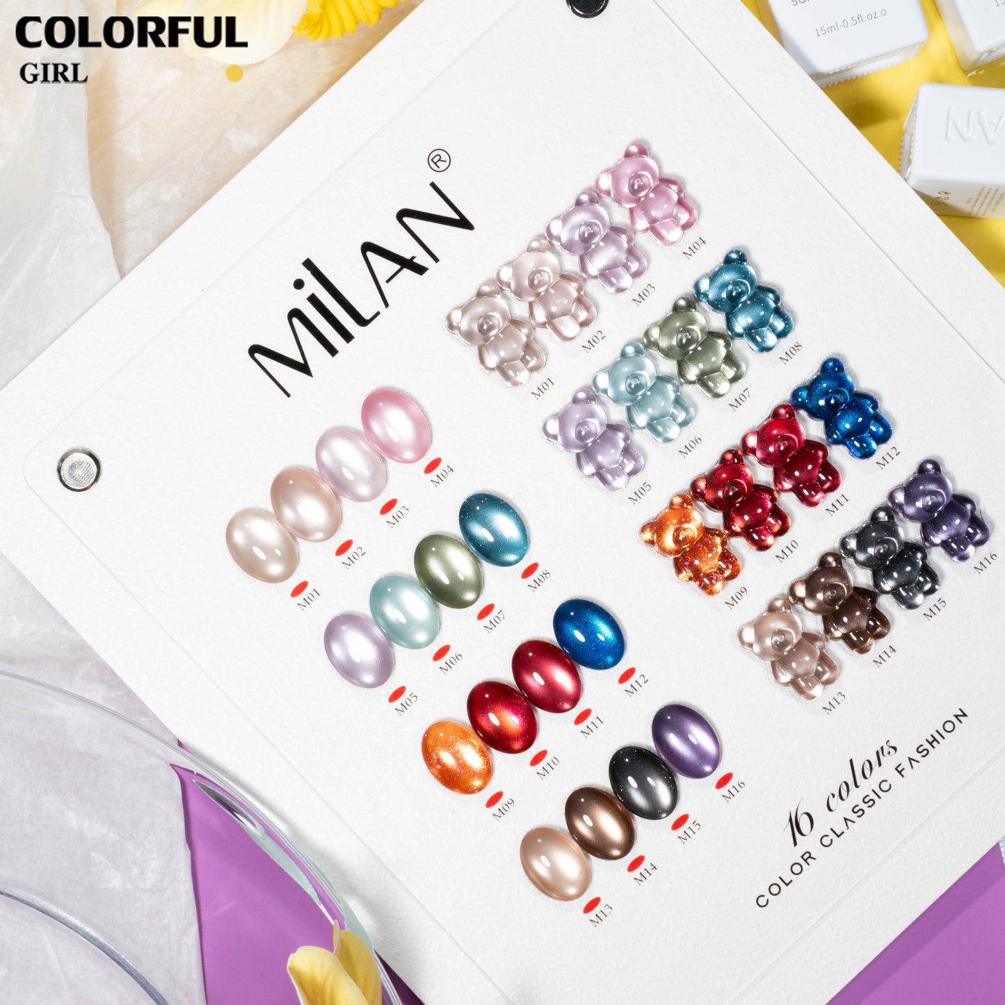 MILAN  สีเจลแคทอายหมีน้อย 16 สี｜ฟีลลูกแก้วมุกฉ่ำวาว｜เล่นแสงวิบวับ｜โทนสีน่ารักสไตล์สาวคิวท์ 💖 สีเจลแคทอายเนื้อซาติน