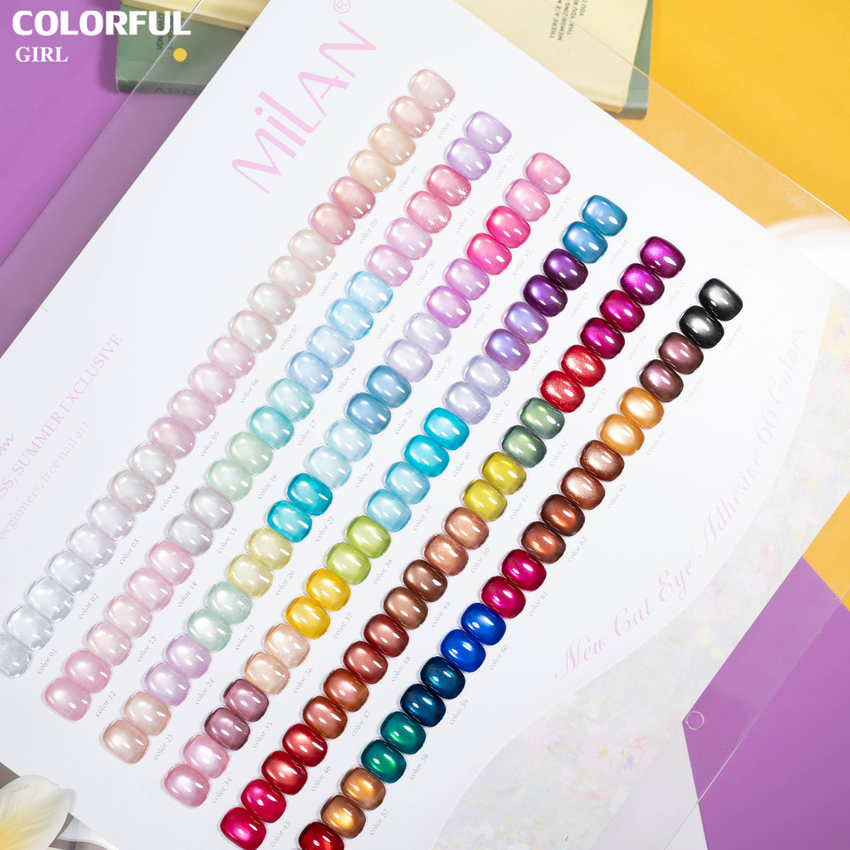 【พร้อมส่ง】MILAN 66 สี ✨ สีเจลแคทอายเนื้อซาติน + สีเจลแคทอายลูกแก้ว ครบเซ็ต 60 สี สีสวยแน่นชัด ติดทนนาน เงางามประกายหรูหรา เหมาะสำหรับร้านทำเล็บมืออาชีพและใช้ส่วนตัว แถมฟรีชาร์ทสี Cat Eye 66 สี (ทามาให้แล้ว พร้อมใช้งาน)