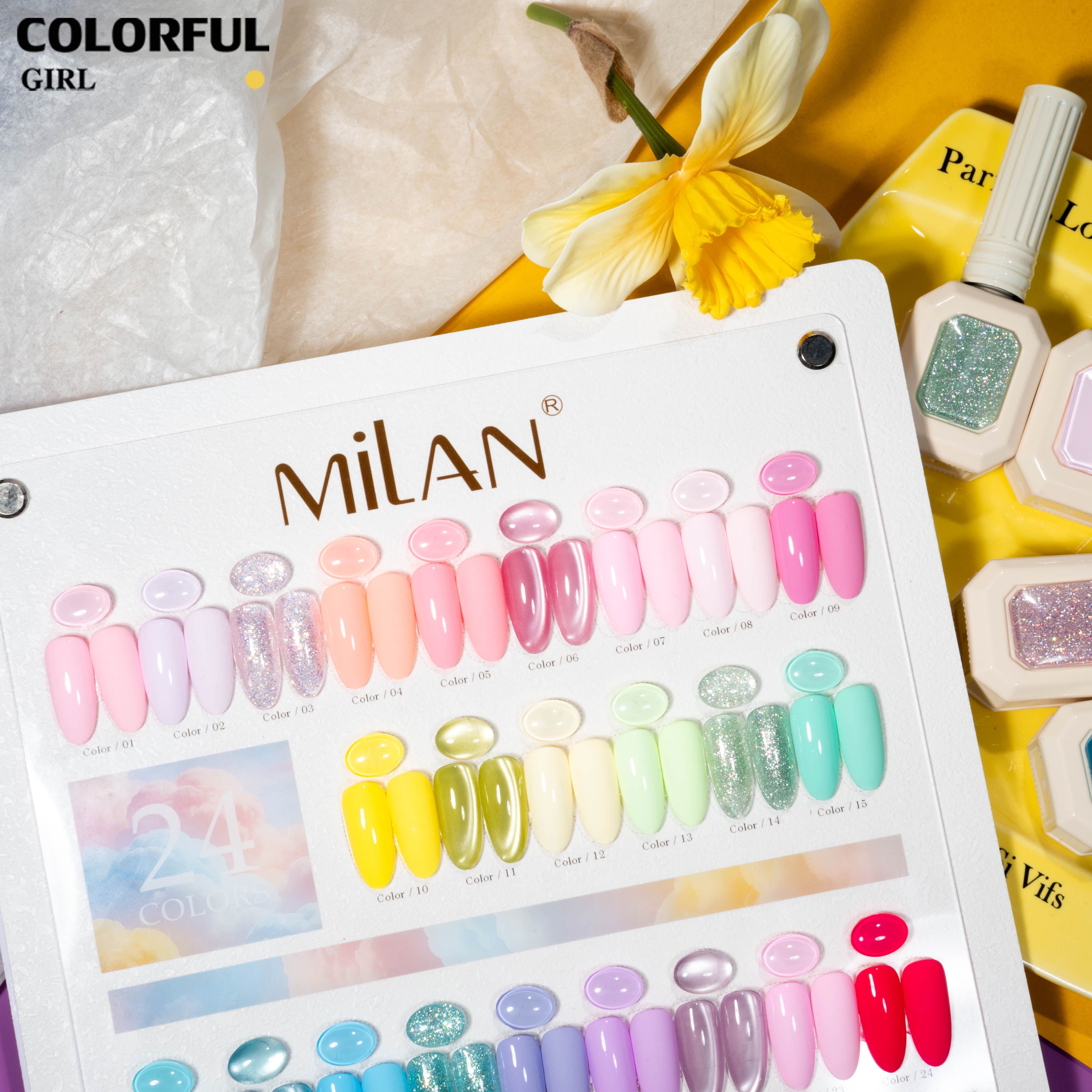 ชุดสีเจล MILAN มาการอง 24 สี โทนลูกกวาดสุดละมุน รวมสีเจลแฟลช สีเจลแคทอาย สีเจลไซรัป สีเจลแคทอายเนื้อซาติน และสีเจลสีพื้น (ทามาให้แล้ว พร้อมใช้งาน) ชุดเจลทำเล็บ UV/LED สำหรับงานทำเล็บสุดคิ้วท์และดูหรูในเซ็ตเดียว ✨