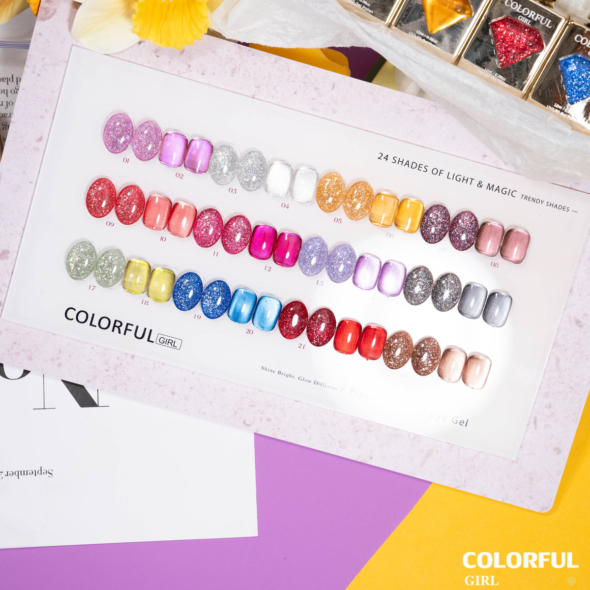 【พร้อมส่ง】Colorful Girl  สีเจลแฟลชและสีเจลแคทอาย   24 สี  . เจลลูกแก้วสะท้อนแสง กากเพชรวิบวับ เล่นแสงสวย สีทาเล็บเจล อบด้วยไฟ UV/LED เลือกสีได้  (พร้อมใช้งาน) ✨