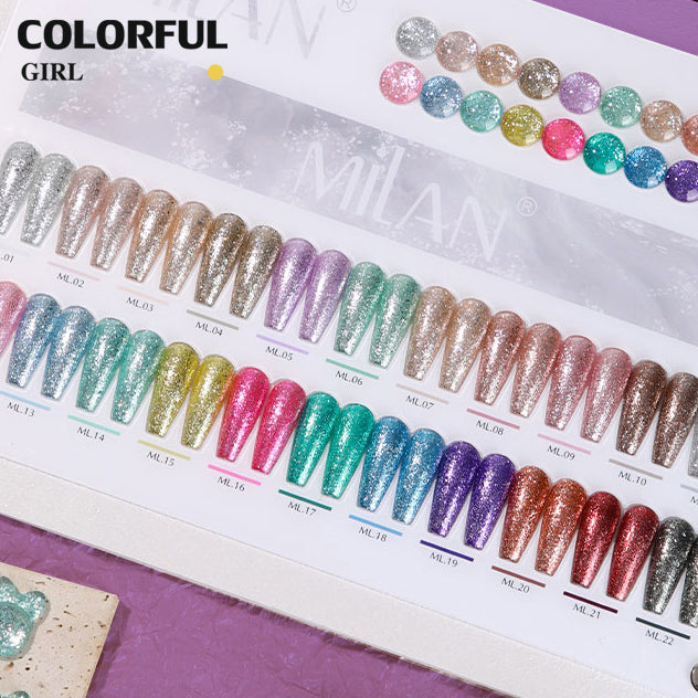 Milan 22สี  สีเจลแฟลชกลิตเตอร์ แพลตติมันแฟลช+ประกายออโรร่า กากเพชรชัด ฟรีชาร์ทสี
