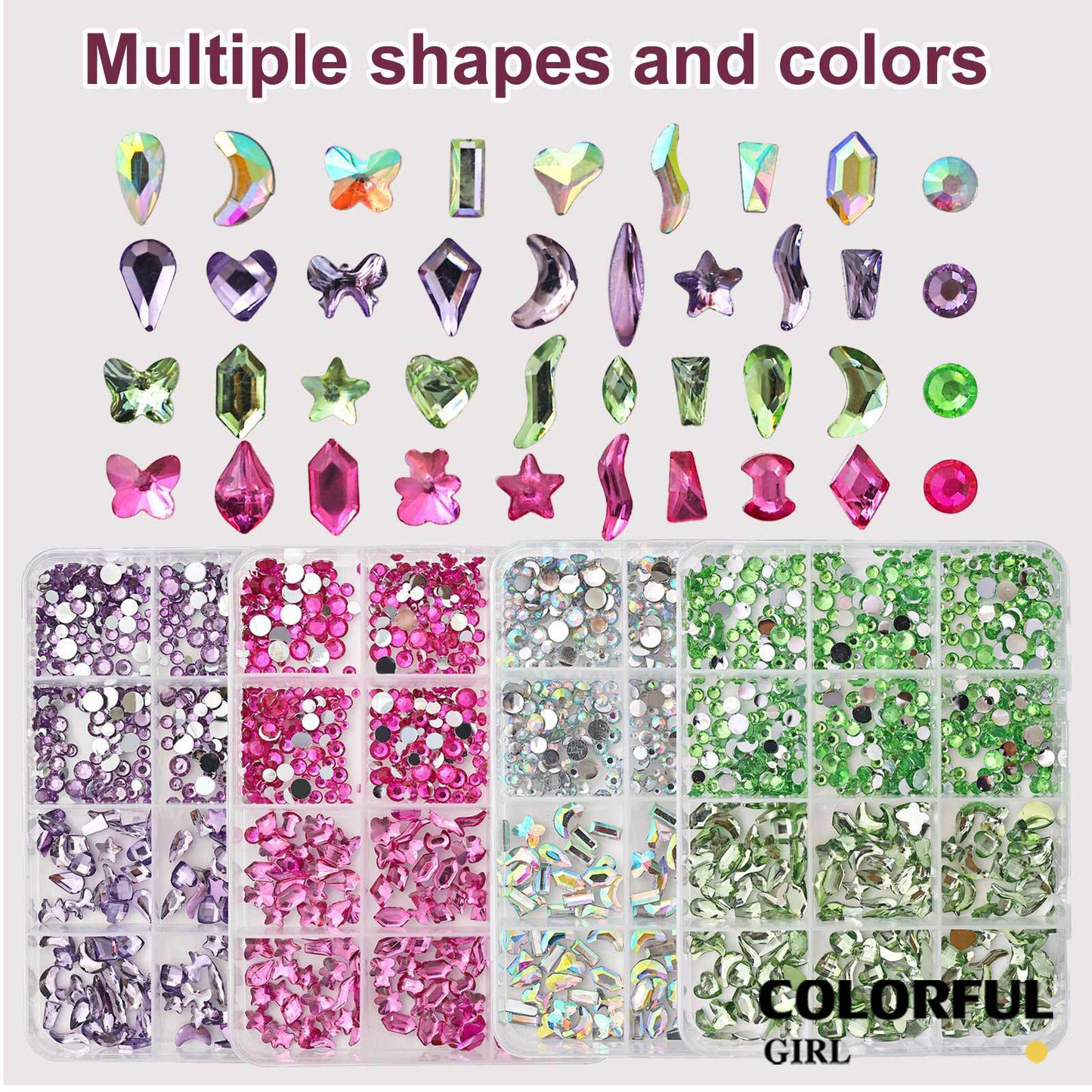 COLORFUL GIRL เพชรติดเล็บ พลอยแต่งเล็บ เกรดพรีเมียม กล่อง 12 ช่อง คริสตัลแต่งเล็บ อะไหล่ทำเล็บ เพชรแฟนซี หลายทรง