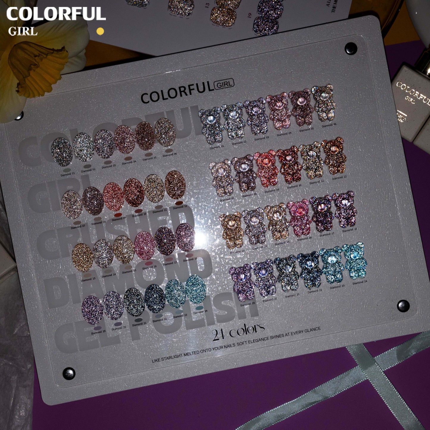 COLORFUL GIRL 24 สีเจลแฟลช ✨ พาเลทสีเล็บกลิตเตอร์เพชร｜ฟีลลูกแก้วมุกฉ่ำวาว｜โทนสีเล็บประกายแสงเหมือนทางช้างเผือก｜อุปกรณ์ทำเล็บมืออาชีพ💅