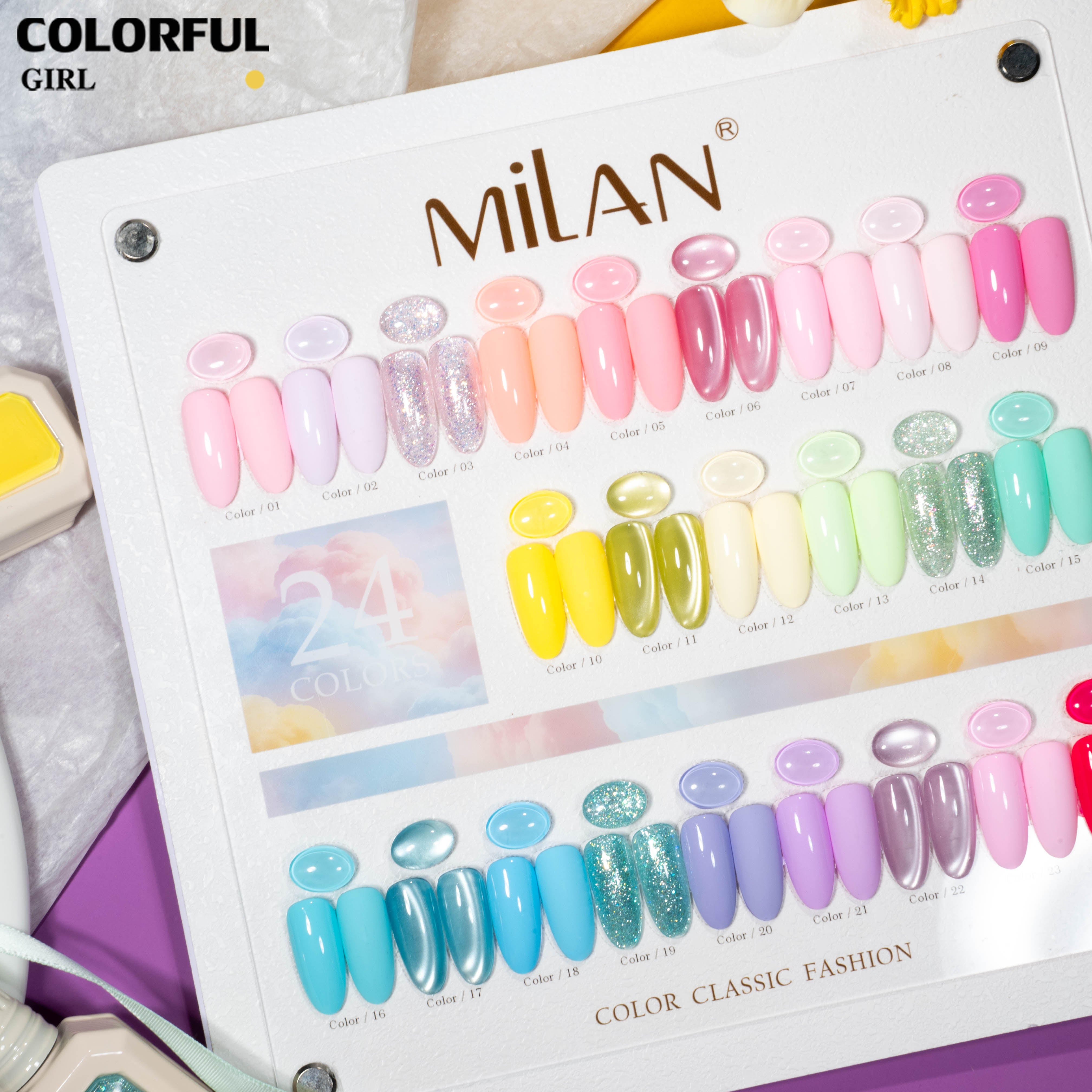ชุดสีเจล MILAN มาการอง 24 สี โทนลูกกวาดสุดละมุน รวมสีเจลแฟลช สีเจลแคทอาย สีเจลไซรัป สีเจลแคทอายเนื้อซาติน และสีเจลสีพื้น (ทามาให้แล้ว พร้อมใช้งาน) ชุดเจลทำเล็บ UV/LED สำหรับงานทำเล็บสุดคิ้วท์และดูหรูในเซ็ตเดียว ✨